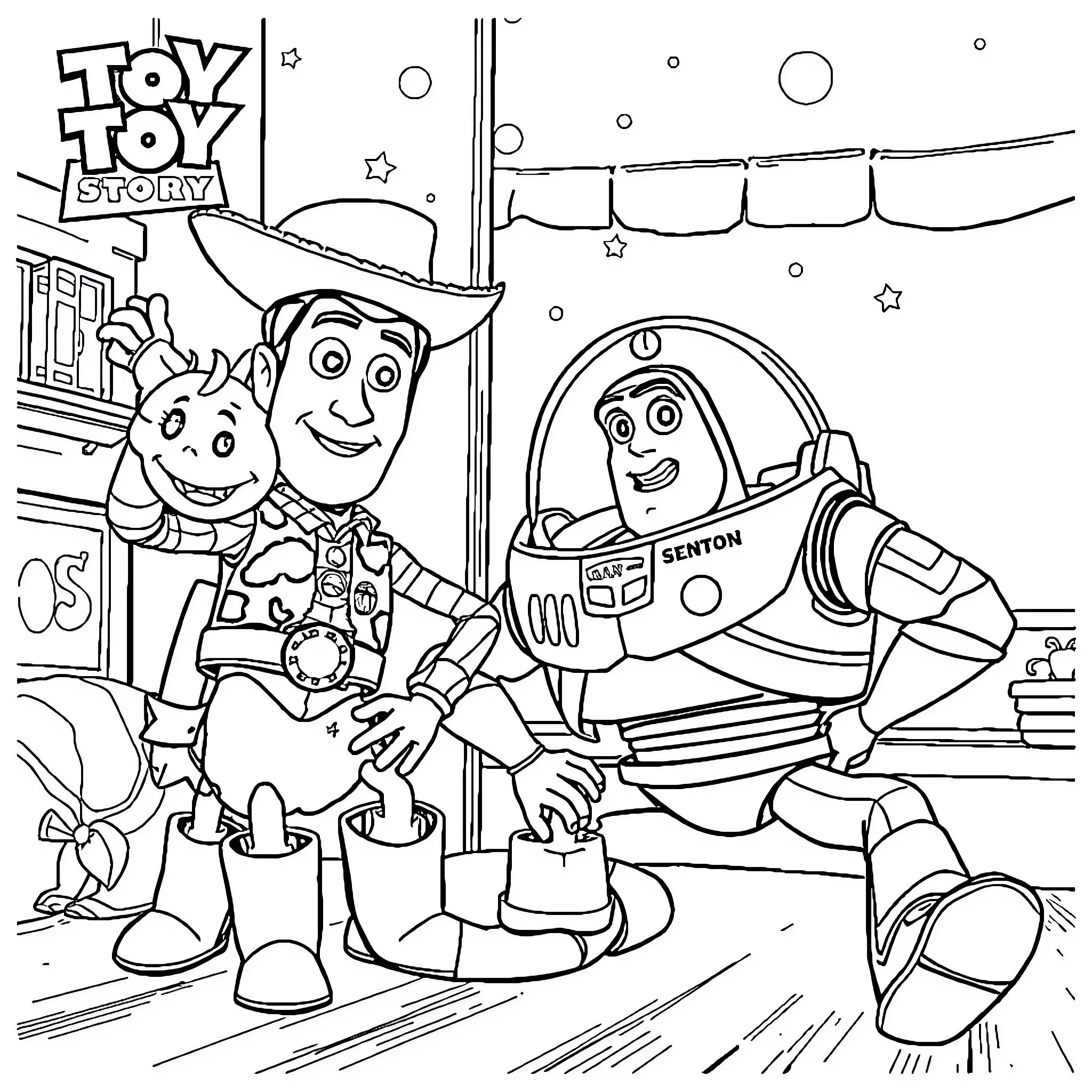 Toy Story Characters in Playful Adventure Coloring Page (free black-and-white line drawing printable PDF for all, from beginners to advanced learners, including children, teens, adults, and seniors)