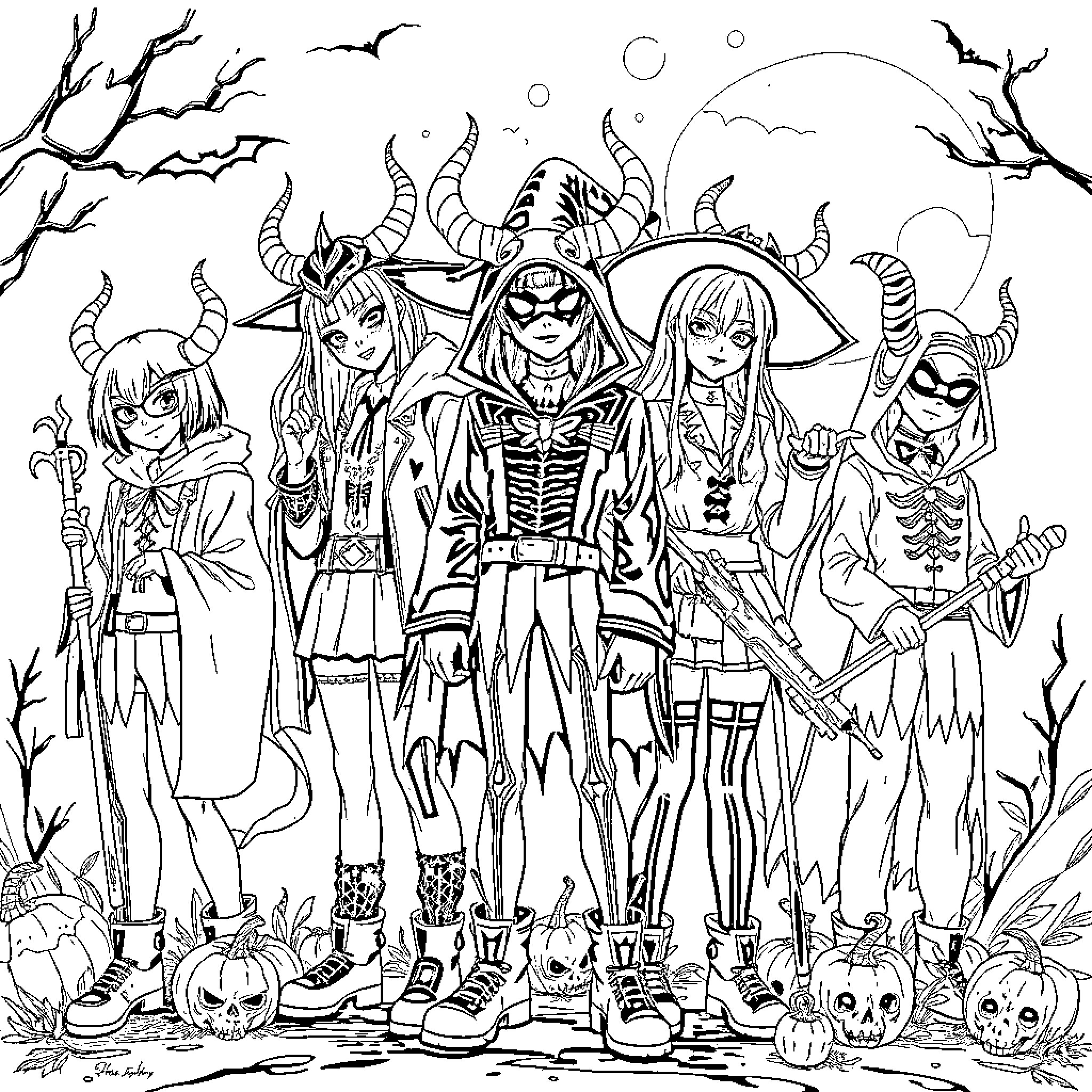 Demon Hunter Squad Gathers for Spooky Adventure Coloring Page (free black-and-white line drawing printable PDF for all, from beginners to advanced learners, including children, teens, adults, and seniors)