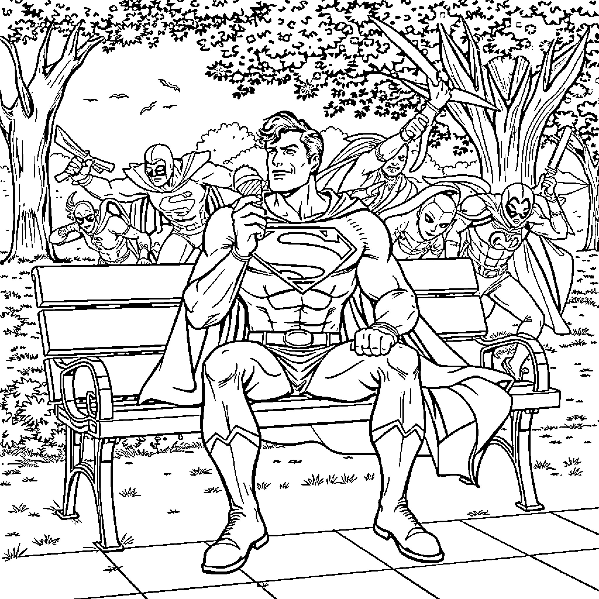 Superman defending the city from villains Coloring Page (free black-and-white line drawing printable PDF for all, from beginners to advanced learners, including children, teens, adults, and seniors)