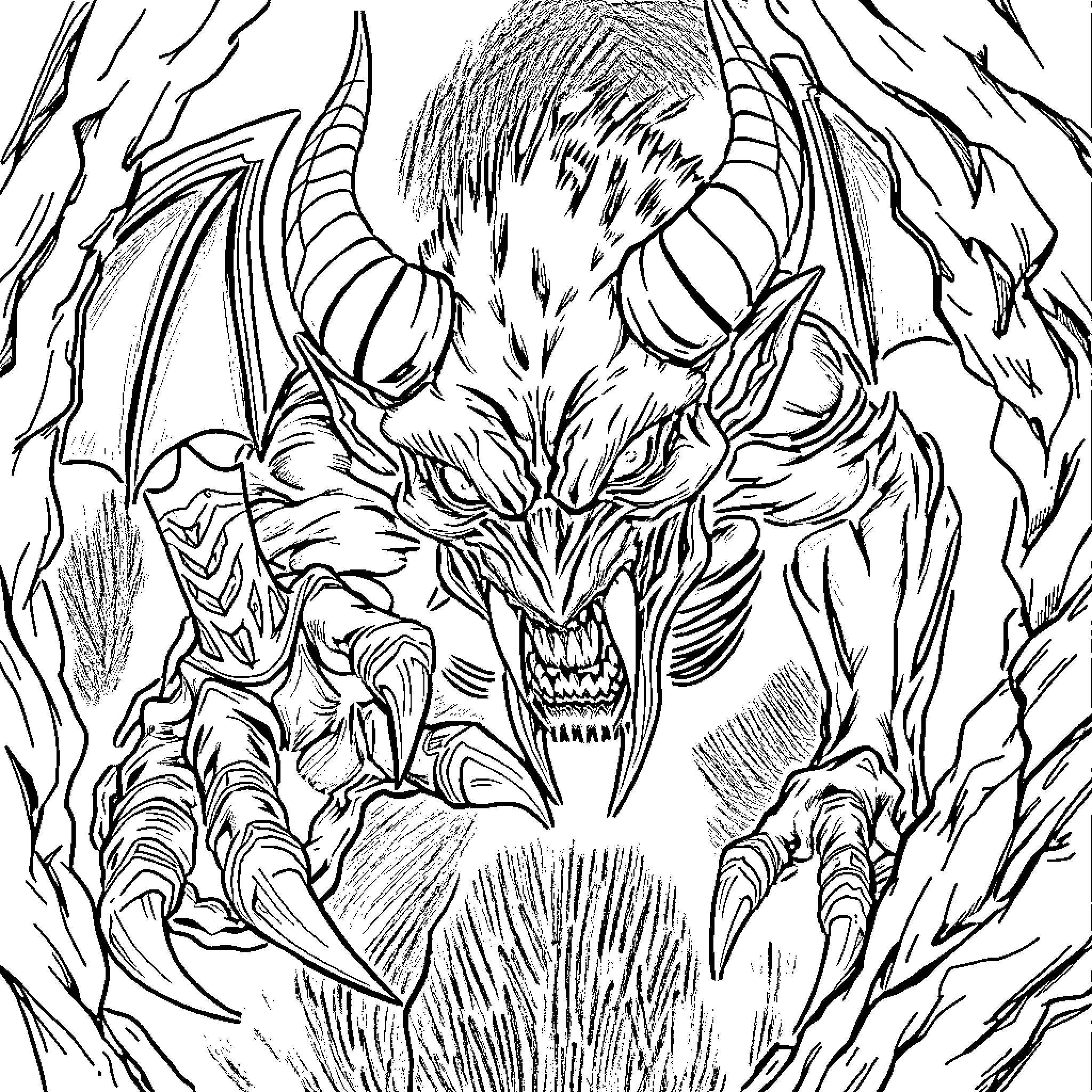 Hunter Demon Emerging from Fiery Depths Coloring Page (free black-and-white line drawing printable PDF for all, from beginners to advanced learners, including children, teens, adults, and seniors)