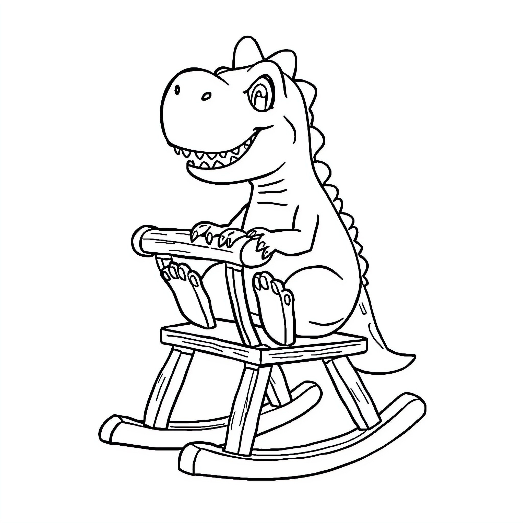 Dinosaur riding a rocking chair Coloring Page (free black-and-white line drawing printable PDF for all, from beginners to advanced learners, including children, teens, adults, and seniors)