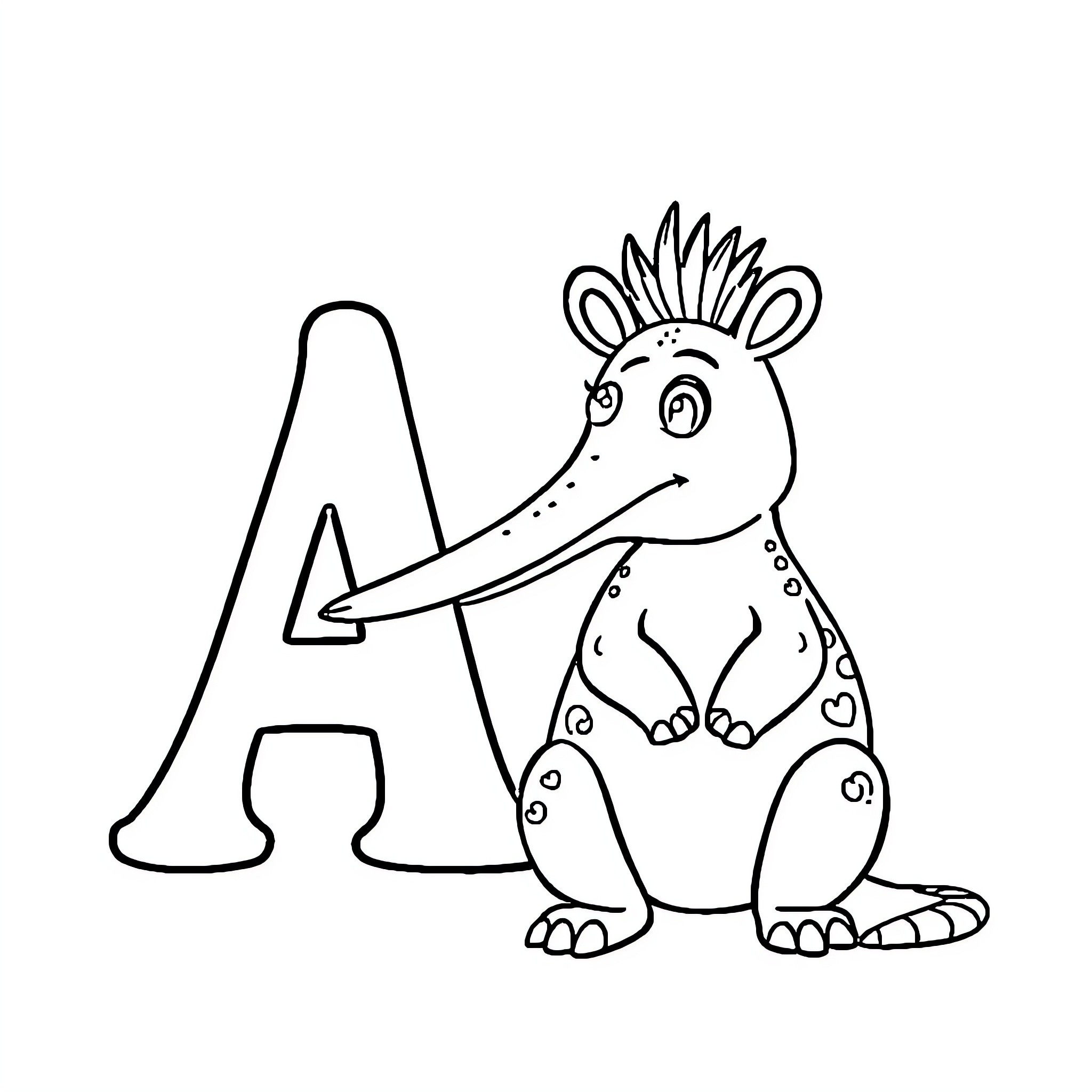 Aardvark introducing the letter A Coloring Page (free black-and-white line drawing printable PDF for all, from beginners to advanced learners, including children, teens, adults, and seniors)