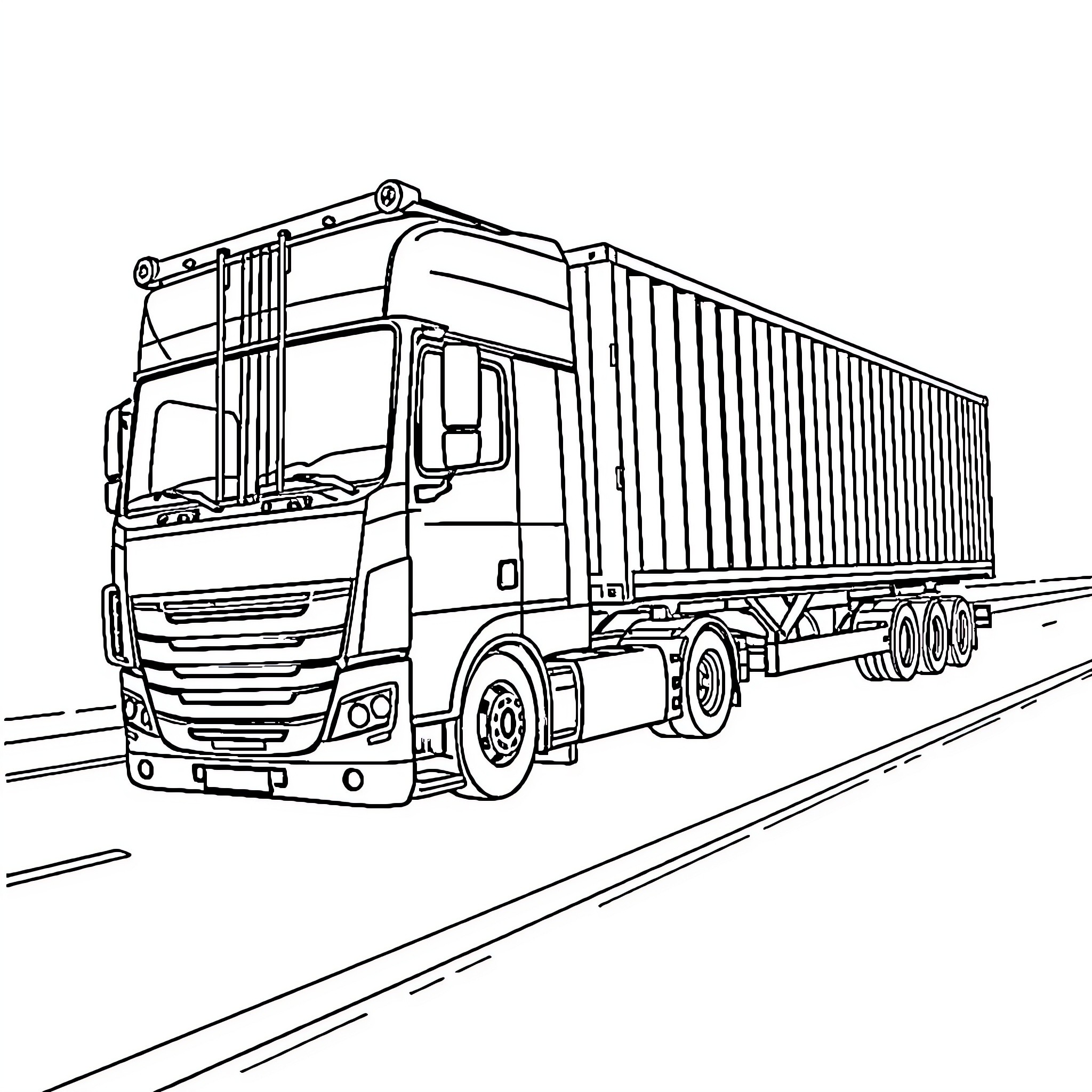 LKW Truck Transporting Cargo on Highway Coloring Page (free black-and-white line drawing printable PDF for all, from beginners to advanced learners, including children, teens, adults, and seniors)