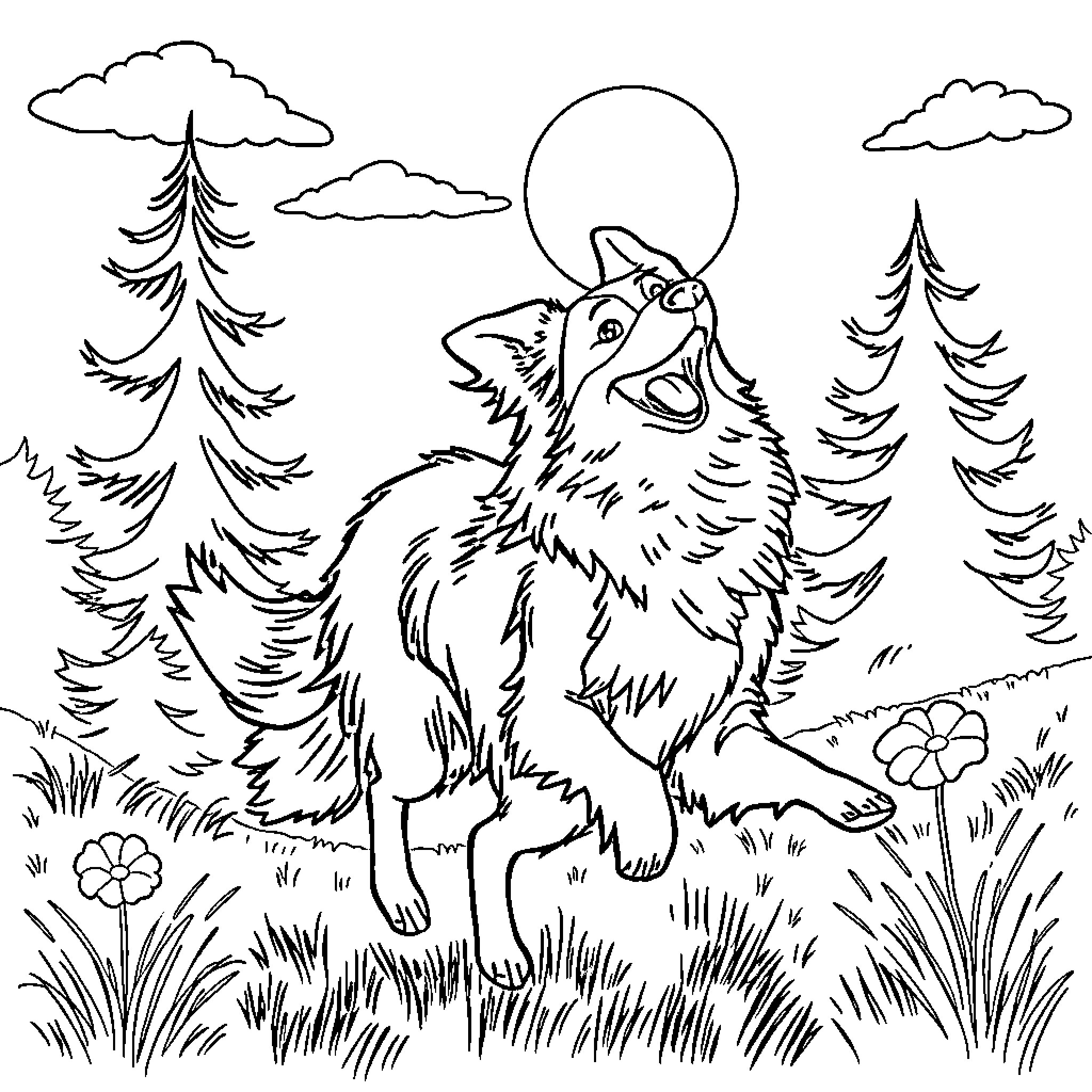 Border Collie howling in the moonlit forest Coloring Page (free black-and-white line drawing printable PDF for all, from beginners to advanced learners, including children, teens, adults, and seniors)