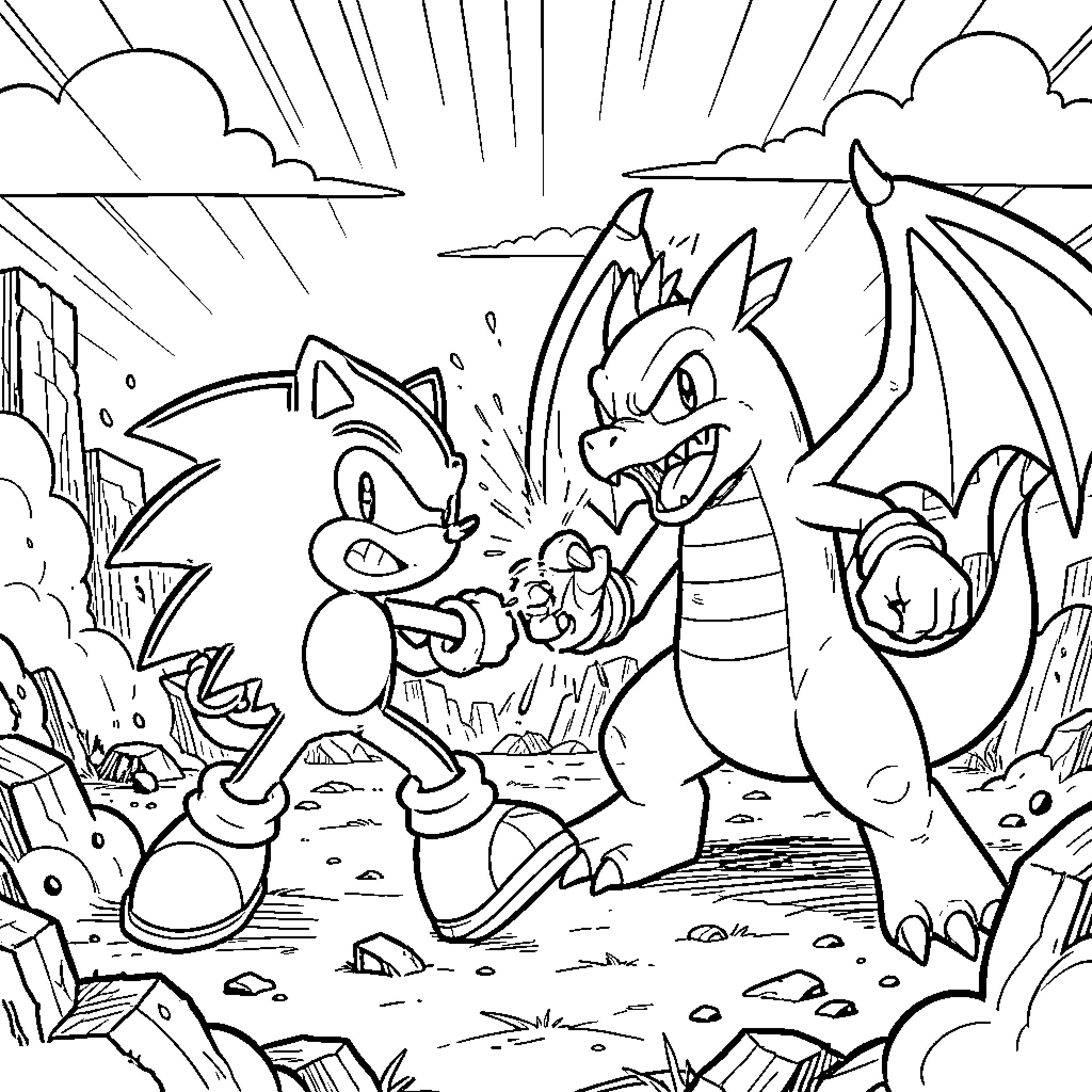 Sonic facing off against a fierce dragon Coloring Page (free black-and-white line drawing printable PDF for all, from beginners to advanced learners, including children, teens, adults, and seniors)