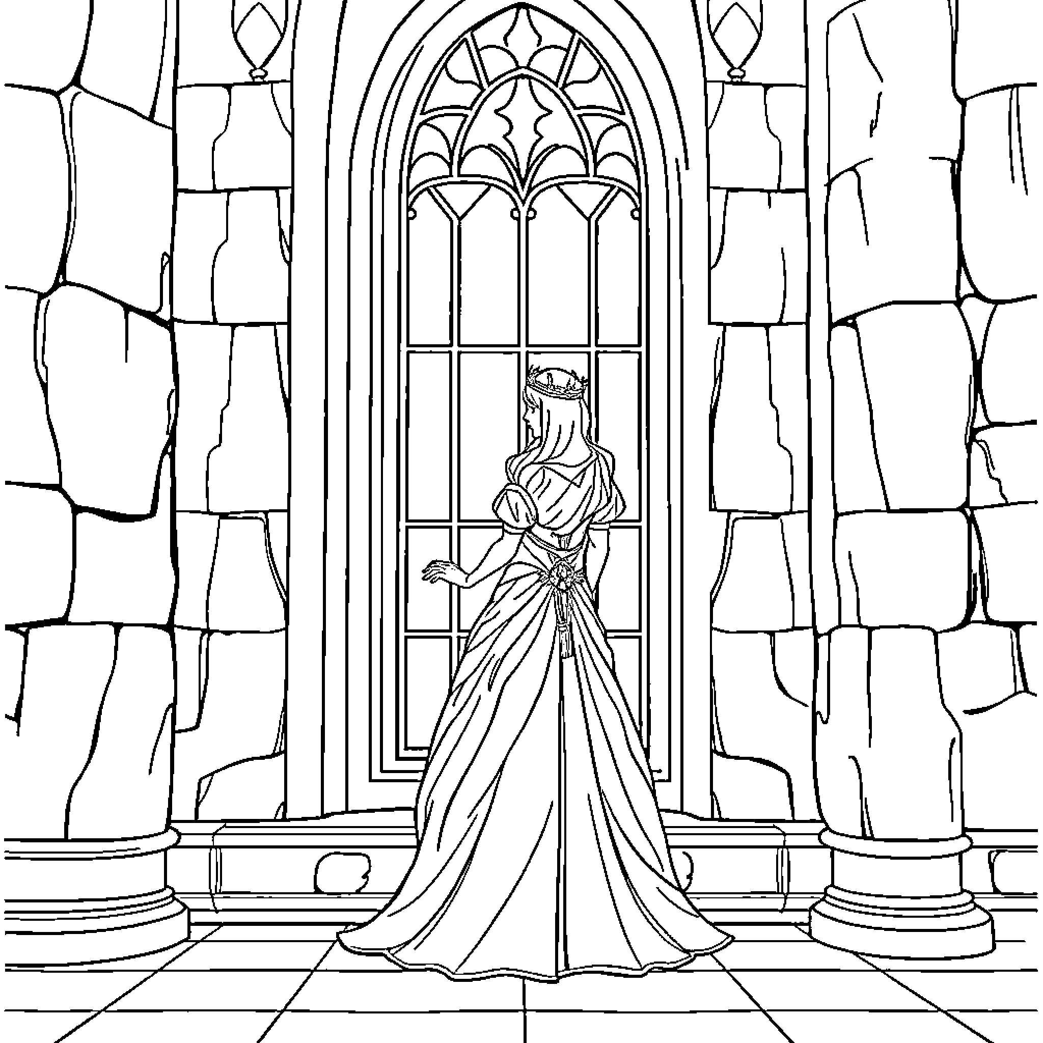 Princess in a Magnificent Castle Coloring Page (free black-and-white line drawing printable PDF for all, from beginners to advanced learners, including children, teens, adults, and seniors)
