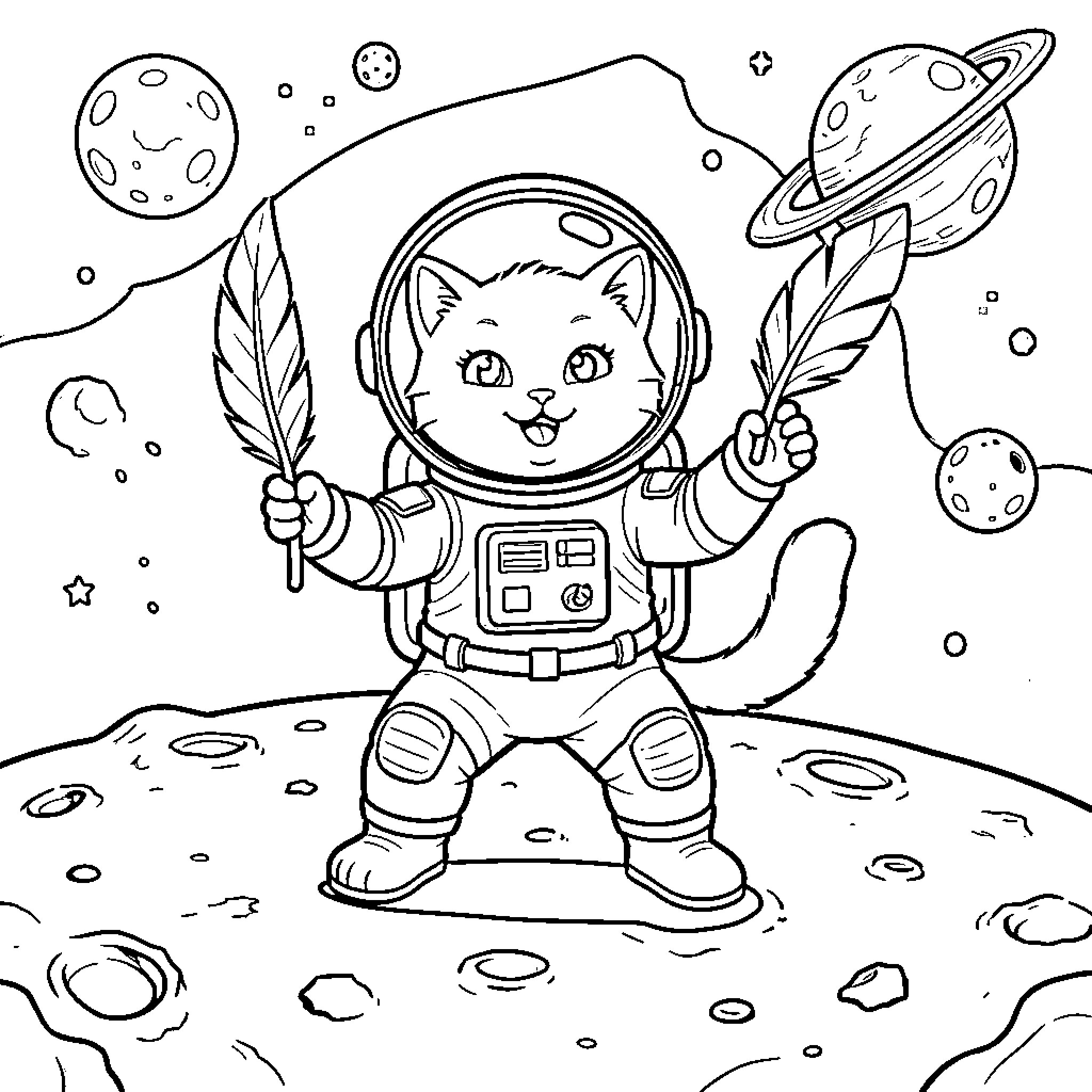 Gato astronaut wearing a suit in outer space Coloring Page (free black-and-white line drawing printable PDF for all, from beginners to advanced learners, including children, teens, adults, and seniors)
