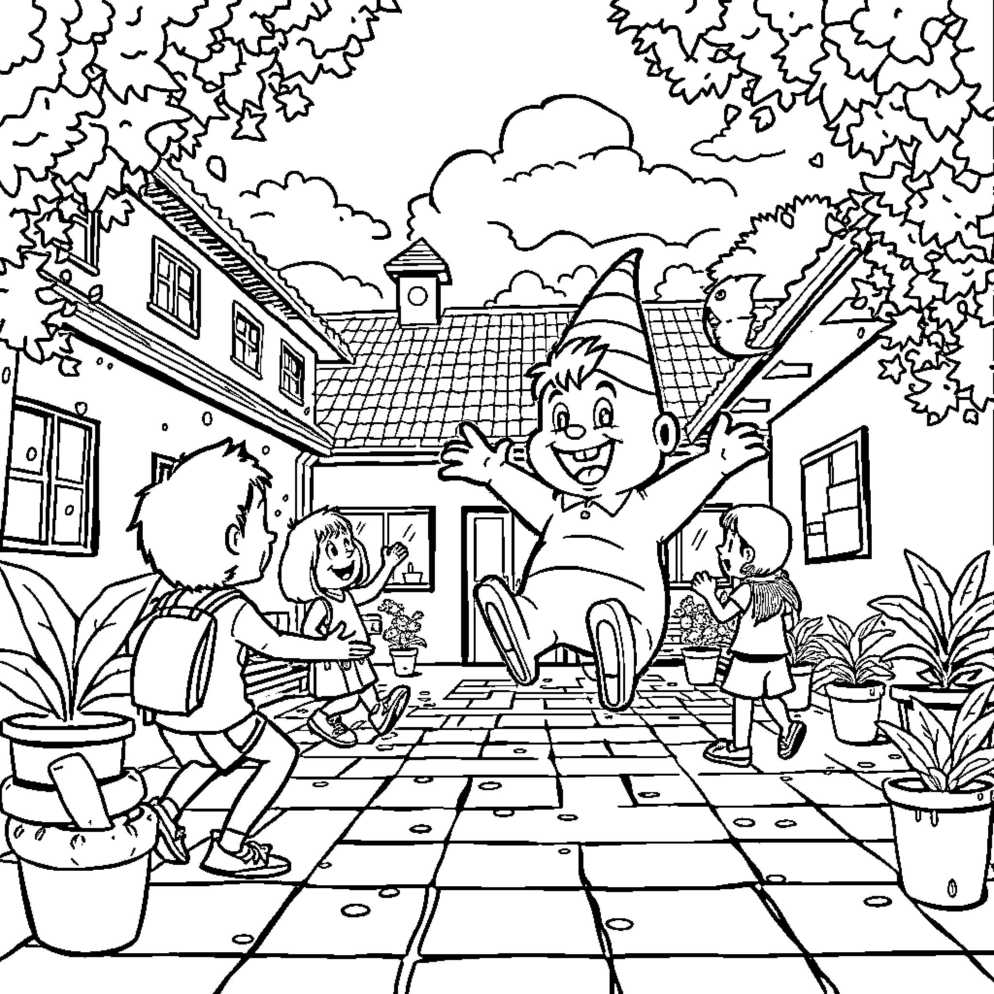 Bing Cartoon Kids Playing in Neighborhood Coloring Page (free black-and-white line drawing printable PDF for all, from beginners to advanced learners, including children, teens, adults, and seniors)