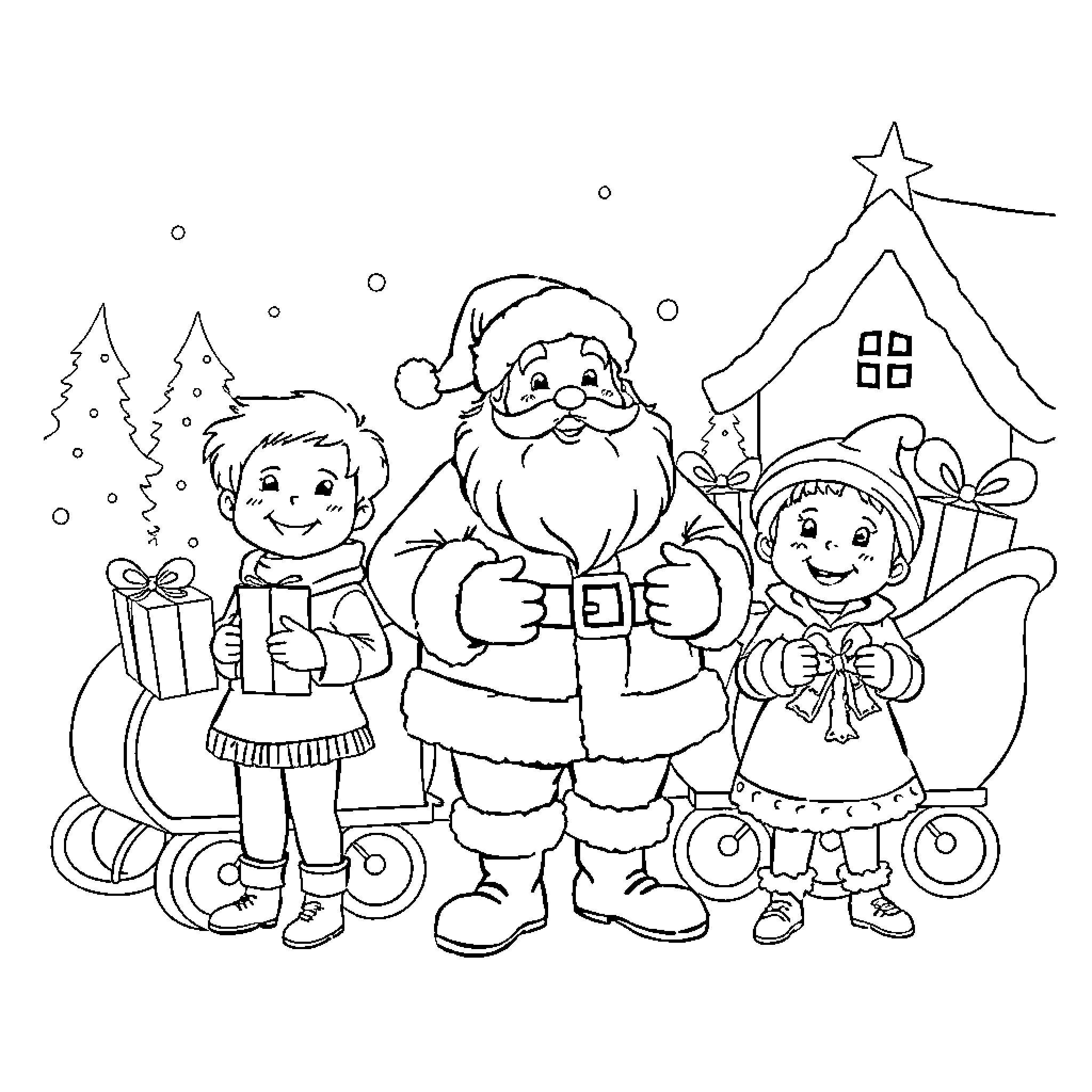 Père Noël celebrating Christmas with children Coloring Page (free black-and-white line drawing printable PDF for all, from beginners to advanced learners, including children, teens, adults, and seniors)