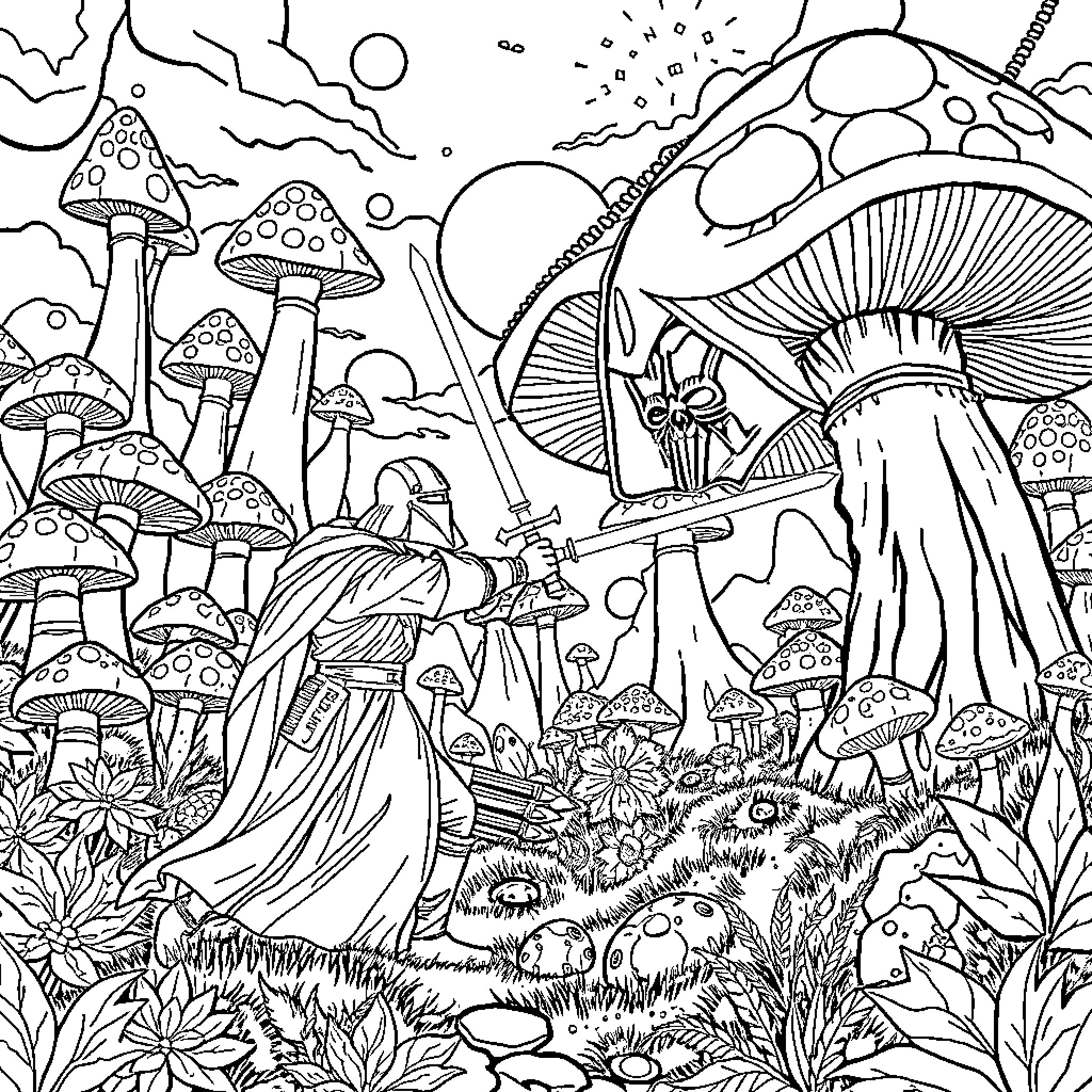 Jedi Master exploring enchanted mushroom forest Coloring Page (free black-and-white line drawing printable PDF for all, from beginners to advanced learners, including children, teens, adults, and seniors)