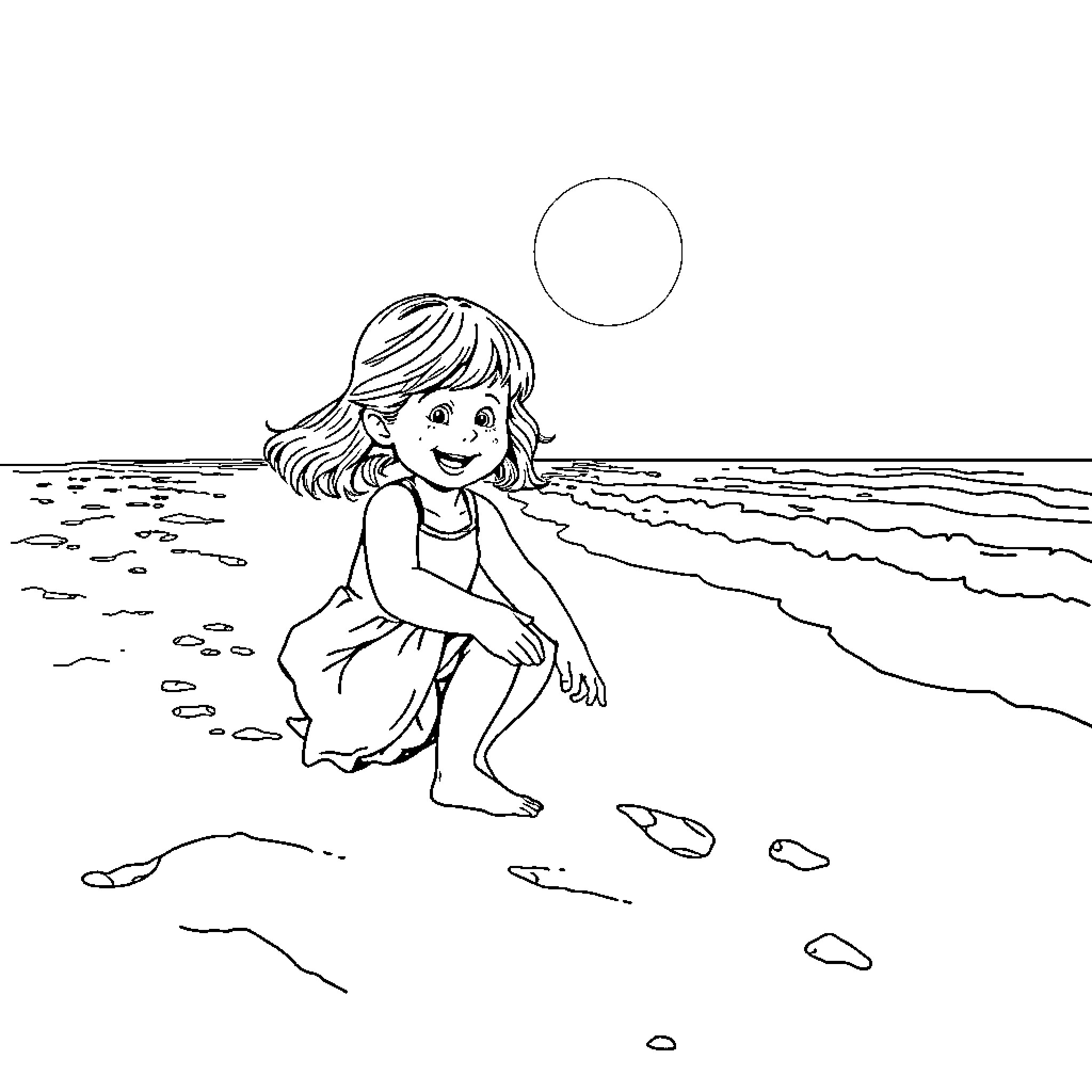 Girl playing happily on the beach Coloring Page (free black-and-white line drawing printable PDF for all, from beginners to advanced learners, including children, teens, adults, and seniors)