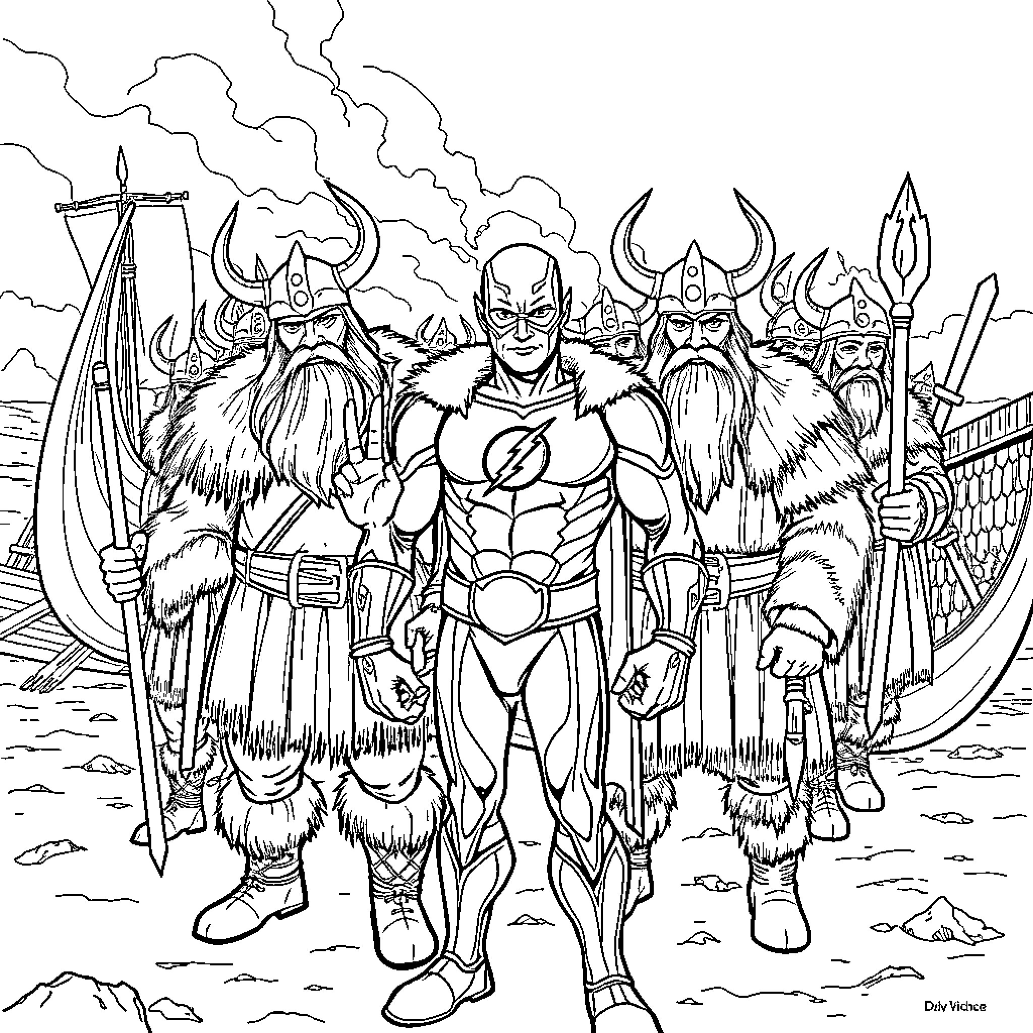 Flash Leads Fierce Warrior Tribe Against Stormy Horizon Coloring Page (free black-and-white line drawing printable PDF for all, from beginners to advanced learners, including children, teens, adults, and seniors)