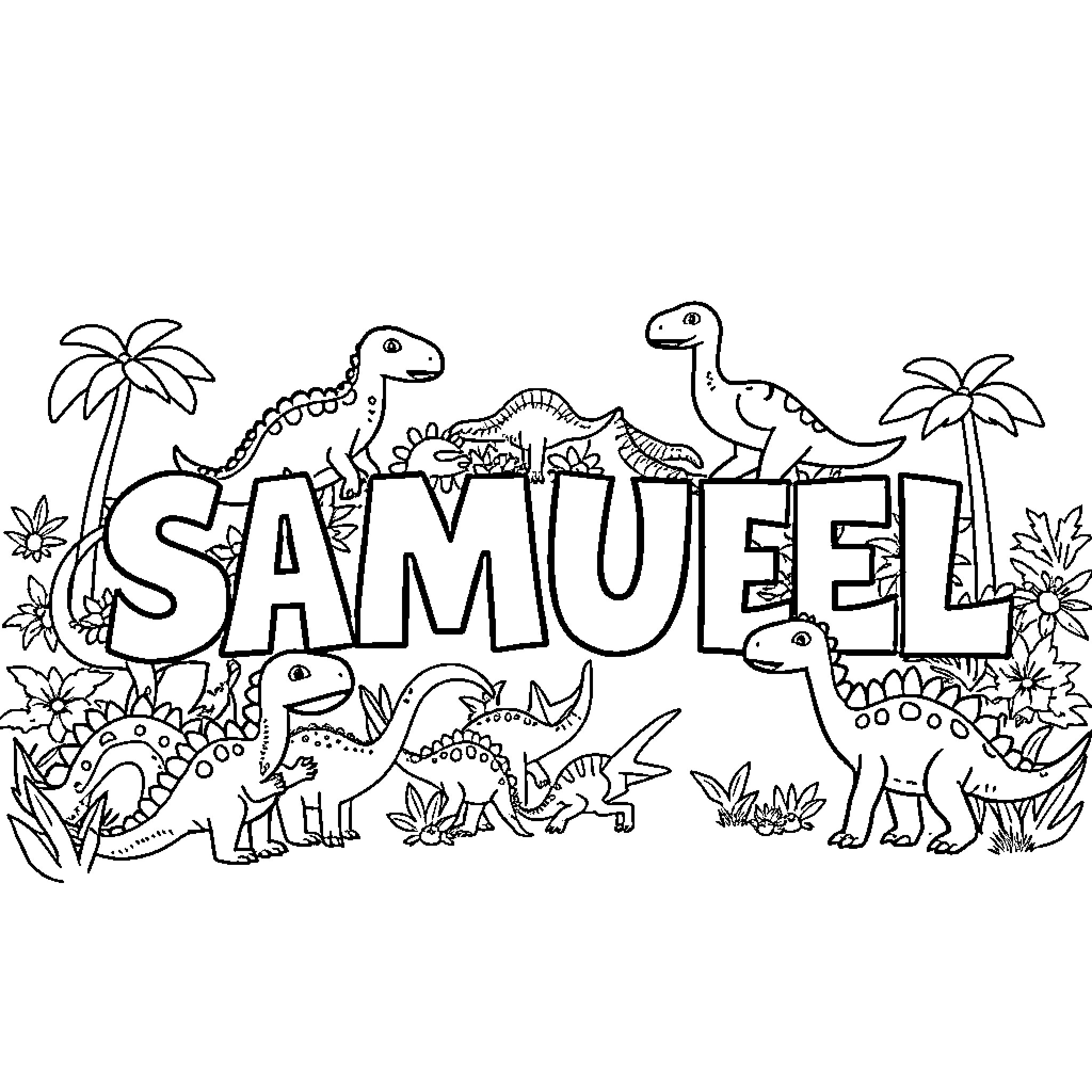 Samuel's Dinosaur Adventure Coloring Page (free black-and-white line drawing printable PDF for all, from beginners to advanced learners, including children, teens, adults, and seniors)