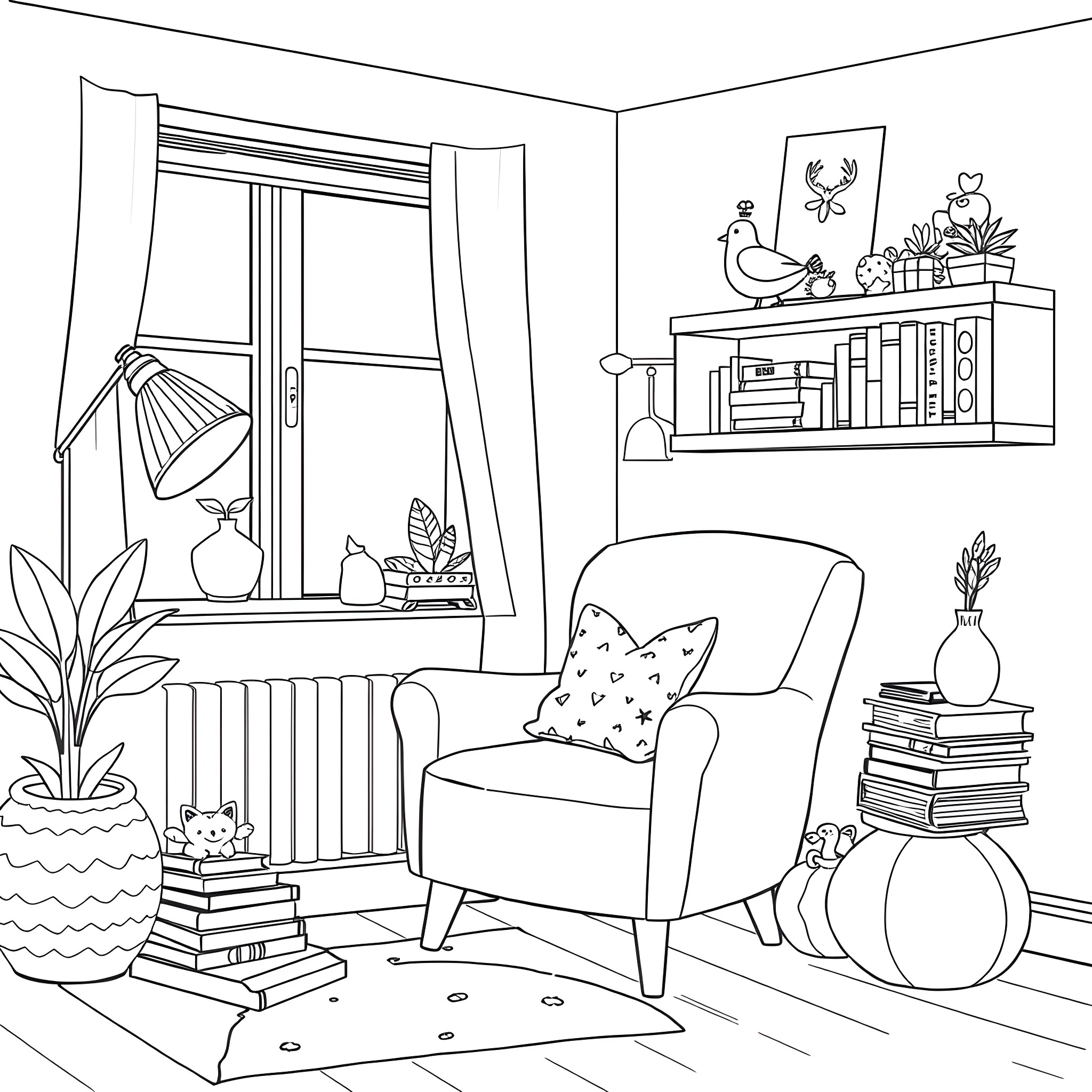 Stress Relief - Cozy and Peaceful Home Interior Coloring Page (free black-and-white line drawing printable PDF for all, from beginners to advanced learners, including children, teens, adults, and seniors)