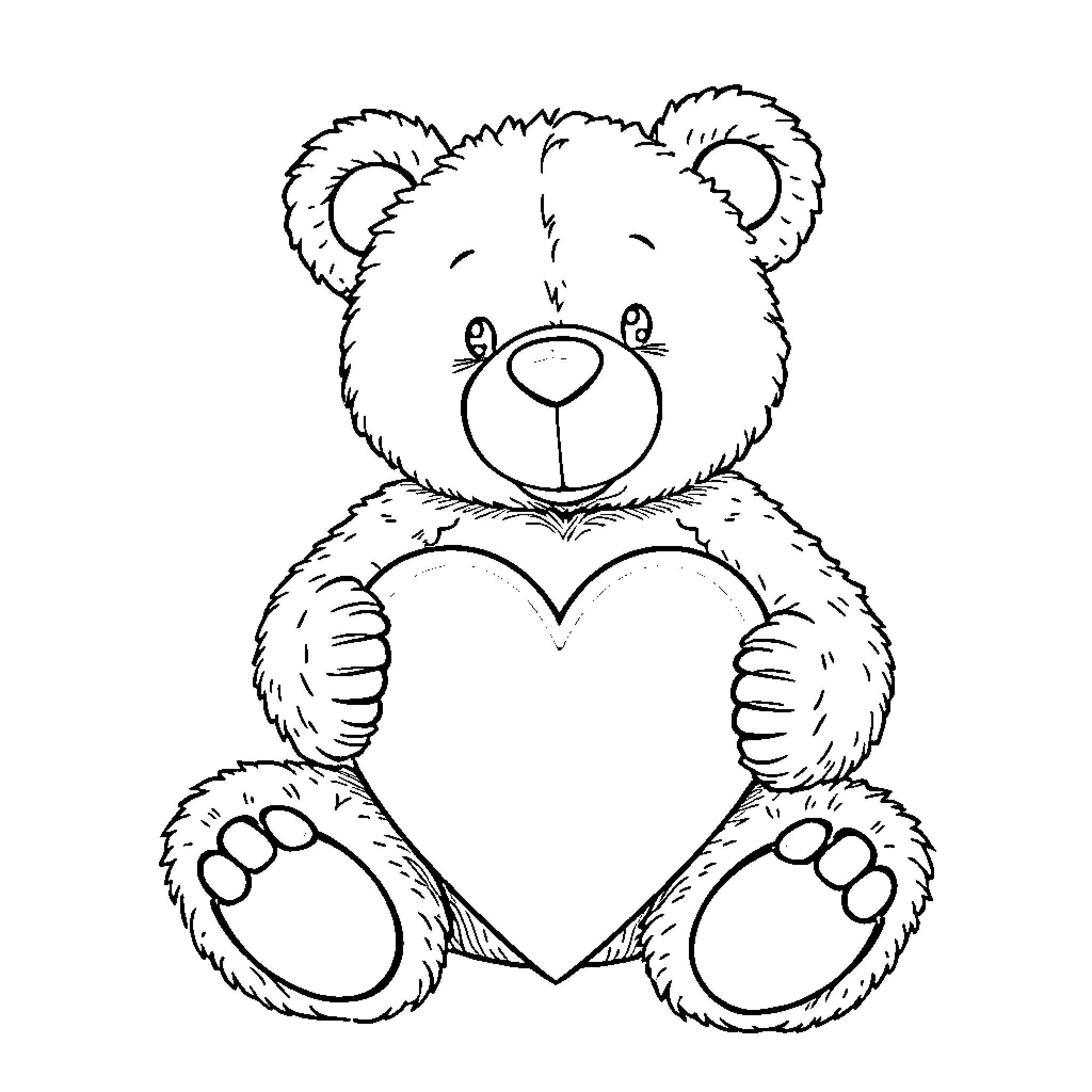 Teddy Bear Holding a Heart Coloring Page (free black-and-white line drawing printable PDF for all, from beginners to advanced learners, including children, teens, adults, and seniors)