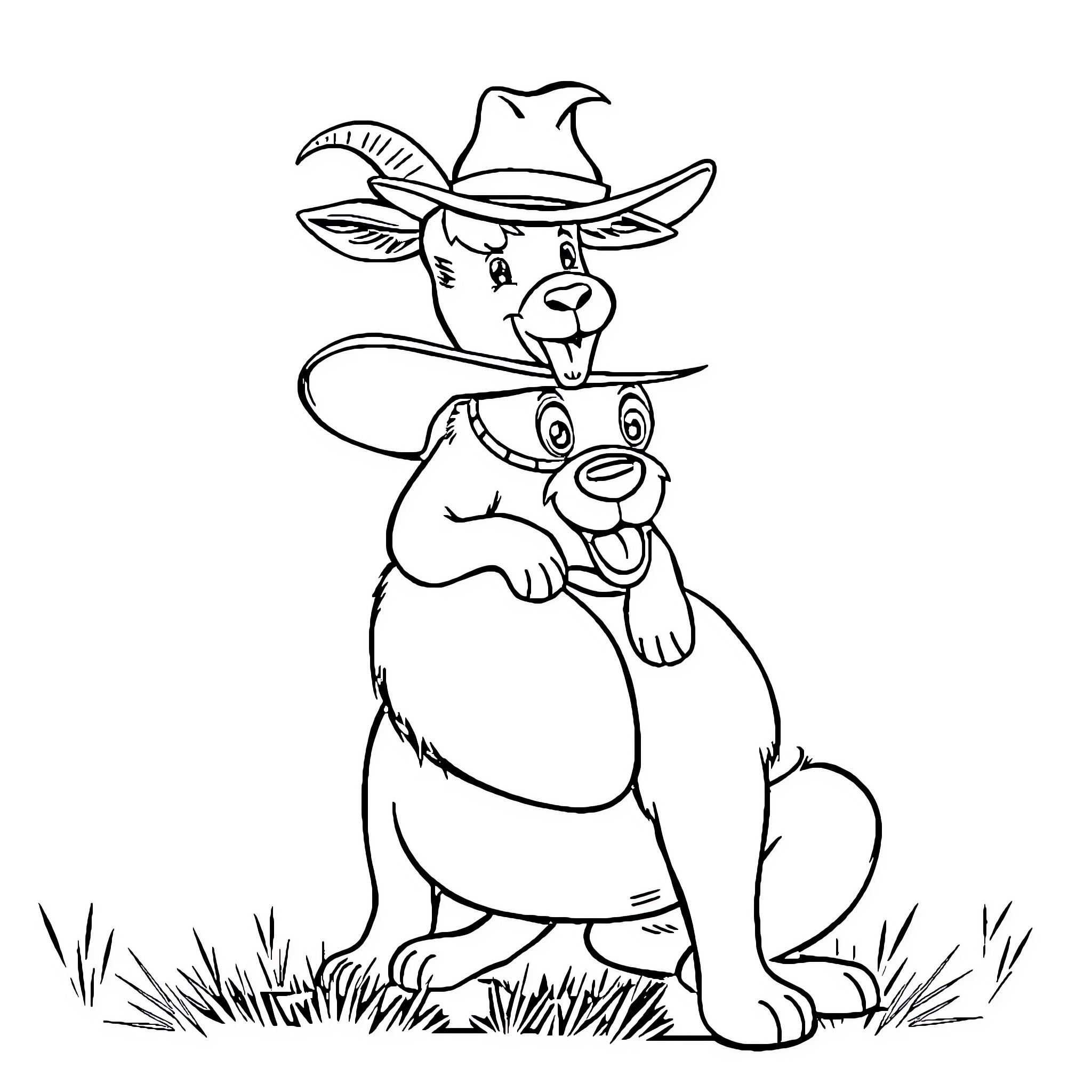 Goat and dog dressed as cowboys in a field Coloring Page (free black-and-white line drawing printable PDF for all, from beginners to advanced learners, including children, teens, adults, and seniors)