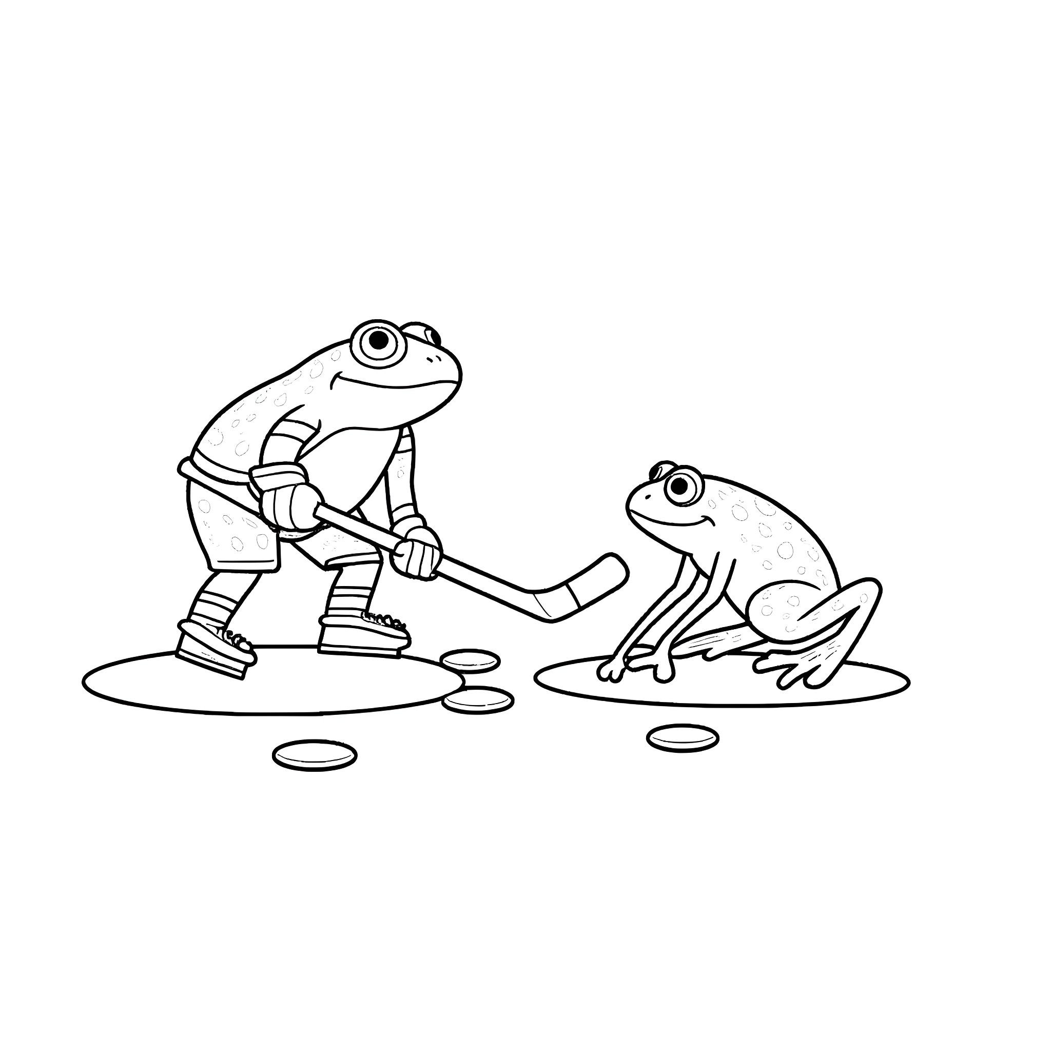 Frogs playing hockey on the pond Coloring Page (free black-and-white line drawing printable PDF for all, from beginners to advanced learners, including children, teens, adults, and seniors)