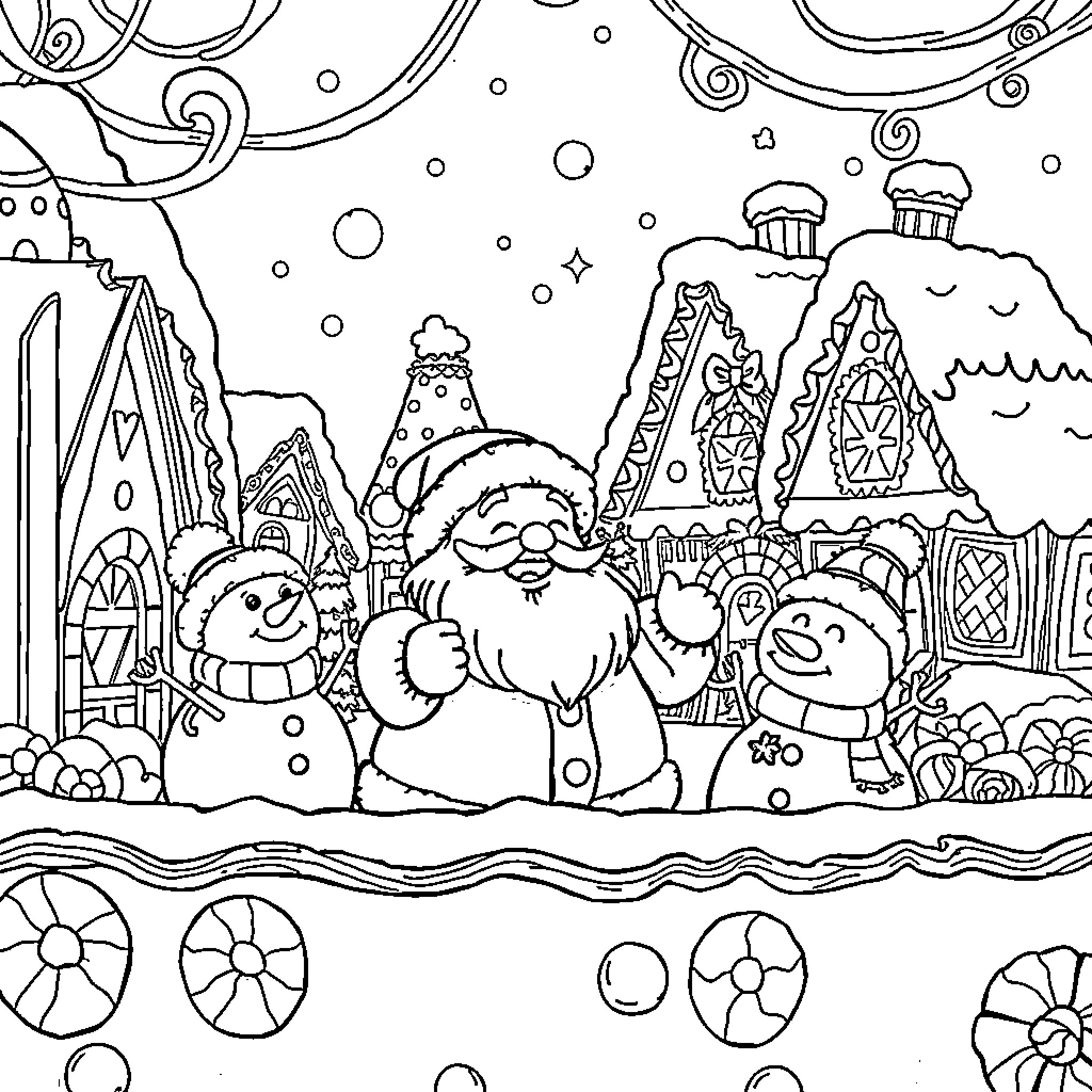 Gingerbread Characters in a Whimsical Winter Scene Coloring Page (free black-and-white line drawing printable PDF for all, from beginners to advanced learners, including children, teens, adults, and seniors)