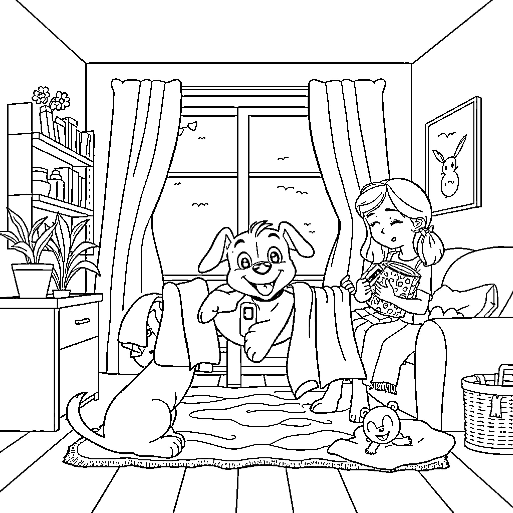 Bluey's cozy indoor playtime with friends Coloring Page (free black-and-white line drawing printable PDF for all, from beginners to advanced learners, including children, teens, adults, and seniors)