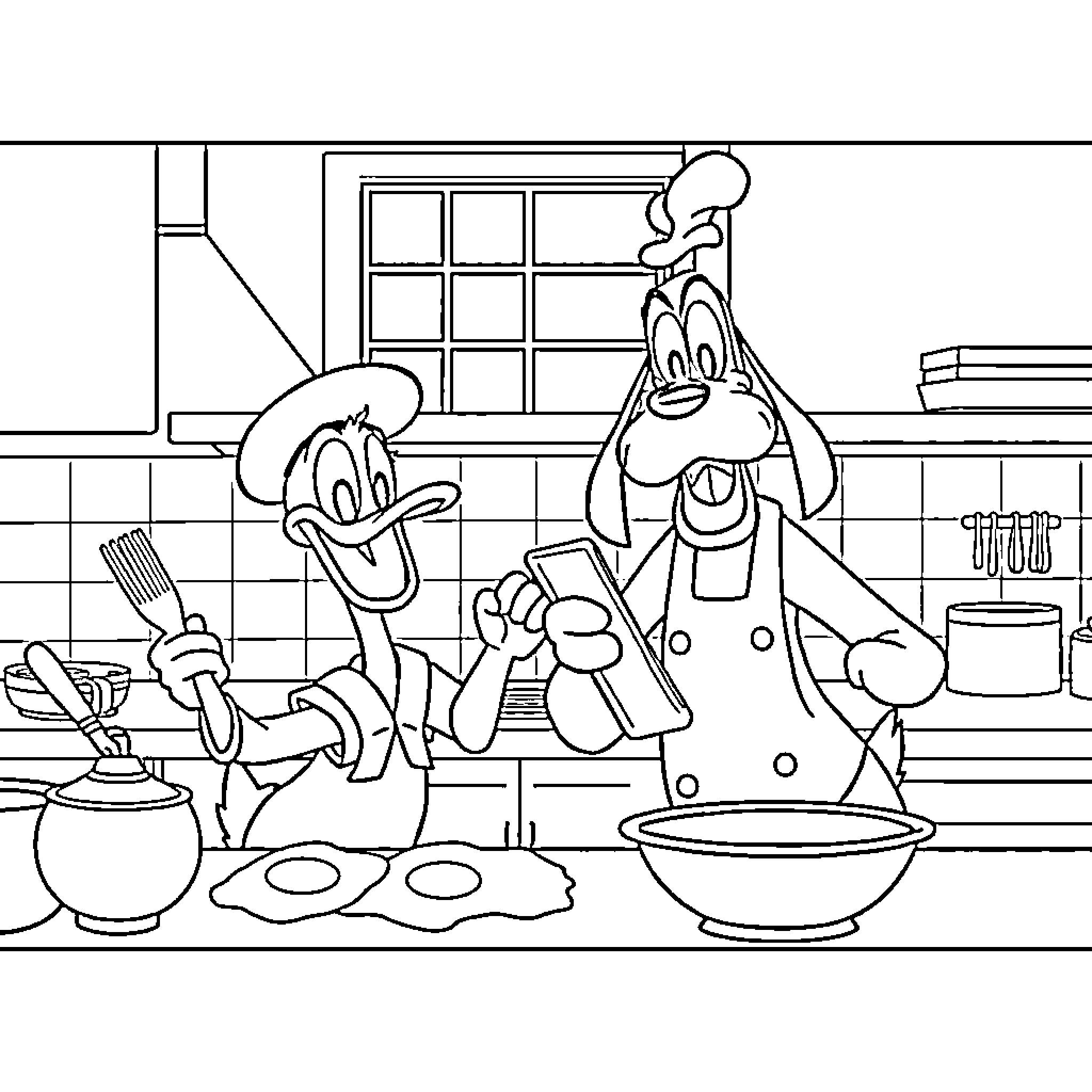 Donald Duck and Goofy Cooking in the Kitchen Coloring Page (free black-and-white line drawing printable PDF for all, from beginners to advanced learners, including children, teens, adults, and seniors)