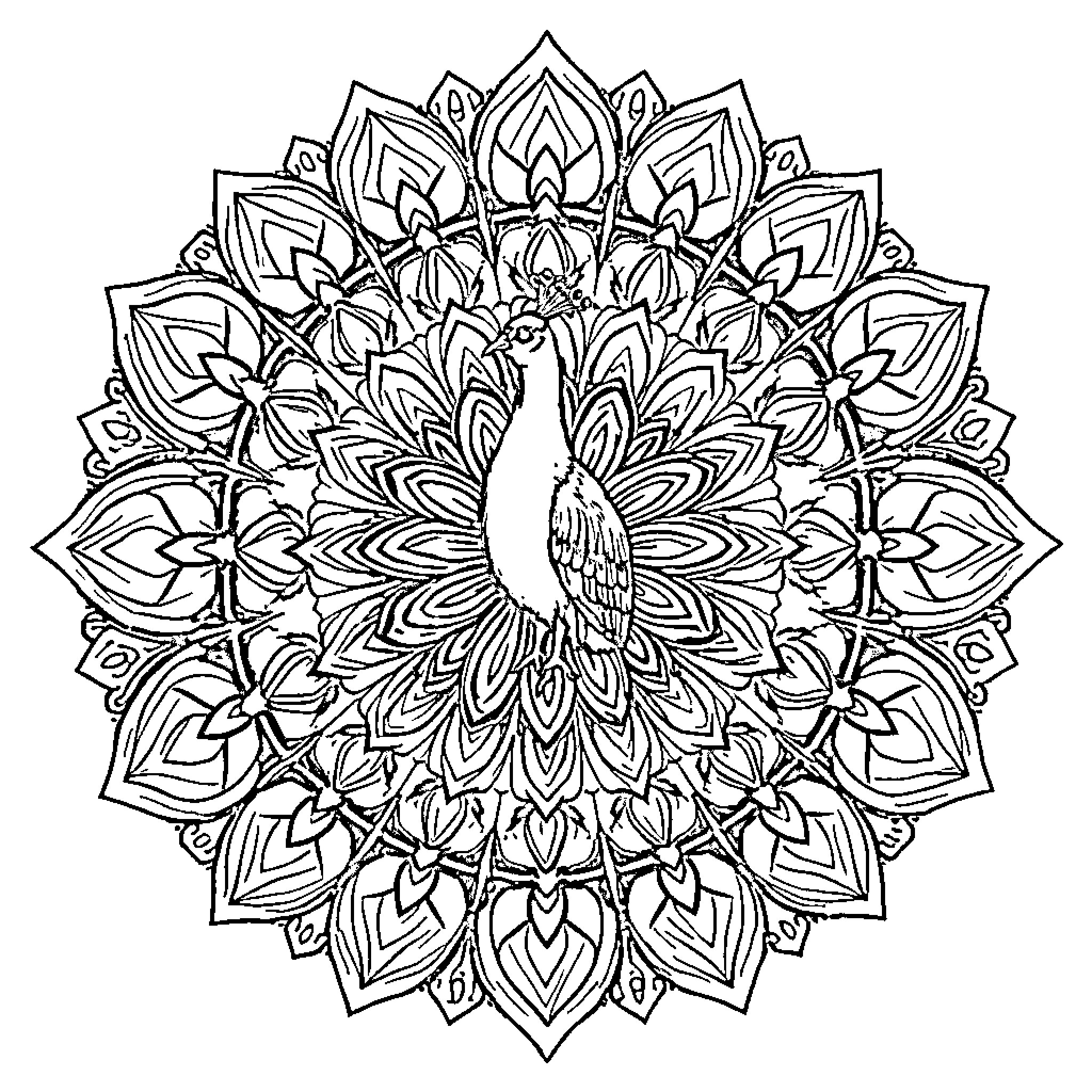 Peacock displaying intricate feather pattern Coloring Page (free black-and-white line drawing printable PDF for all, from beginners to advanced learners, including children, teens, adults, and seniors)