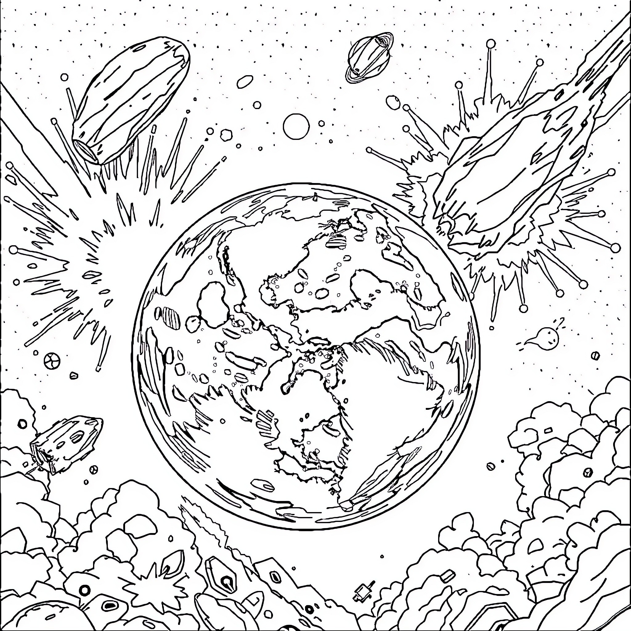 Earth's cosmic exploration and space adventure Coloring Page (free black-and-white line drawing printable PDF for all, from beginners to advanced learners, including children, teens, adults, and seniors)
