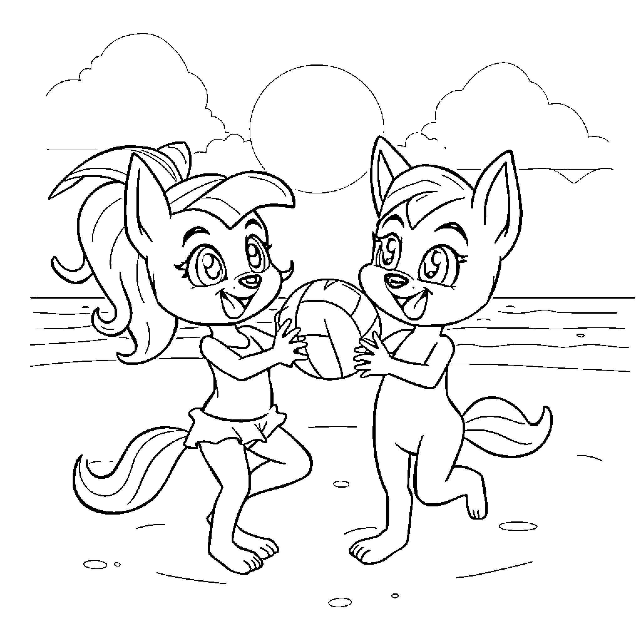 Skye's Playful Pals on the Beach Coloring Page (free black-and-white line drawing printable PDF for all, from beginners to advanced learners, including children, teens, adults, and seniors)