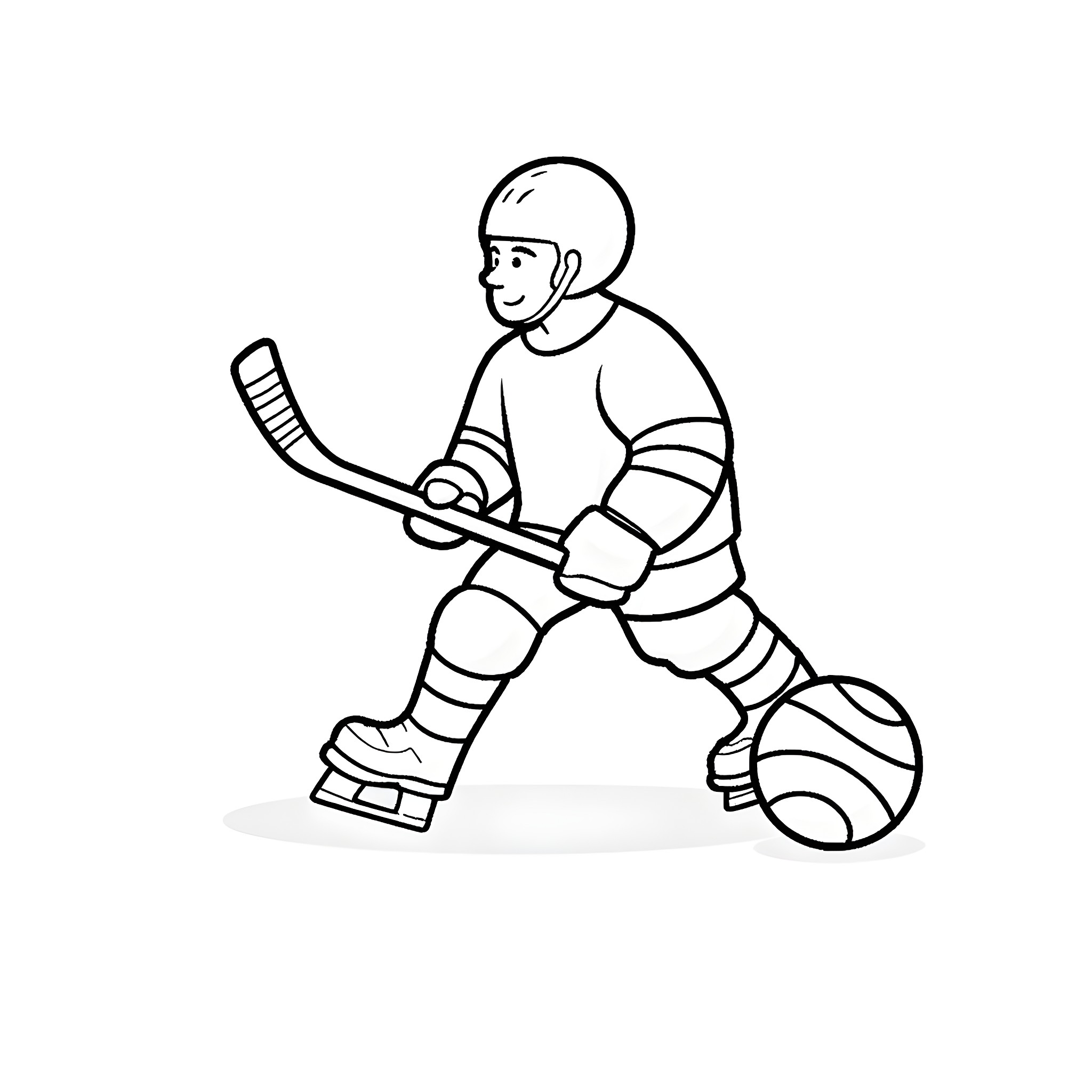 Hockey Player Skating with Puck Coloring Page (free black-and-white line drawing printable PDF for all, from beginners to advanced learners, including children, teens, adults, and seniors)