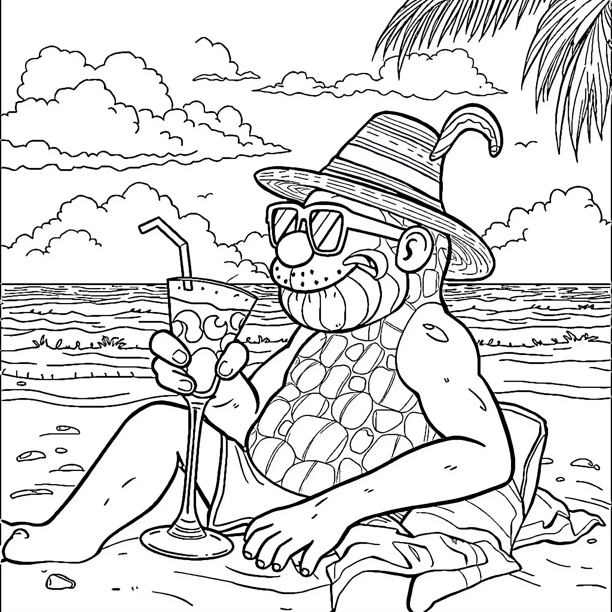 Labubu relaxing on the beach with a tropical drink Coloring Page (free black-and-white line drawing printable PDF for all, from beginners to advanced learners, including children, teens, adults, and seniors)