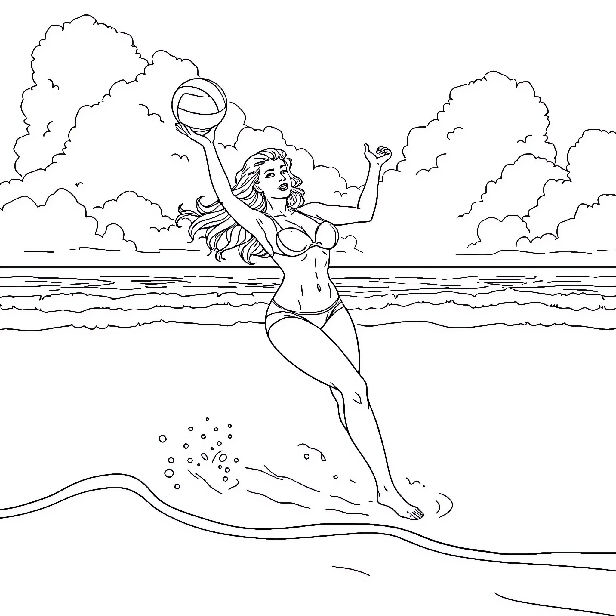 Mom playing beach volleyball on a sunny day Coloring Page (free black-and-white line drawing printable PDF for all, from beginners to advanced learners, including children, teens, adults, and seniors)