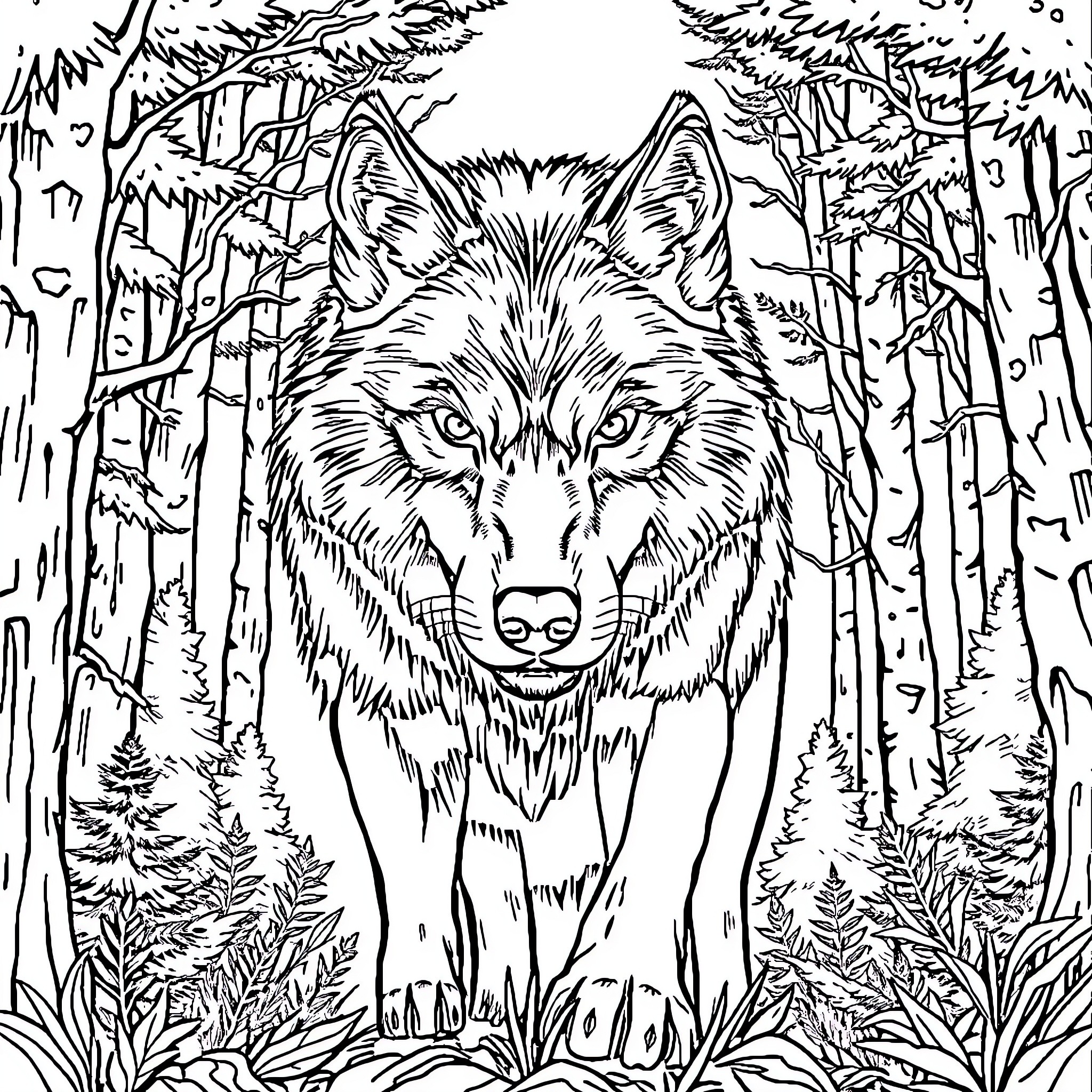 Wolf prowling through the forest Coloring Page (free black-and-white line drawing printable PDF for all, from beginners to advanced learners, including children, teens, adults, and seniors)