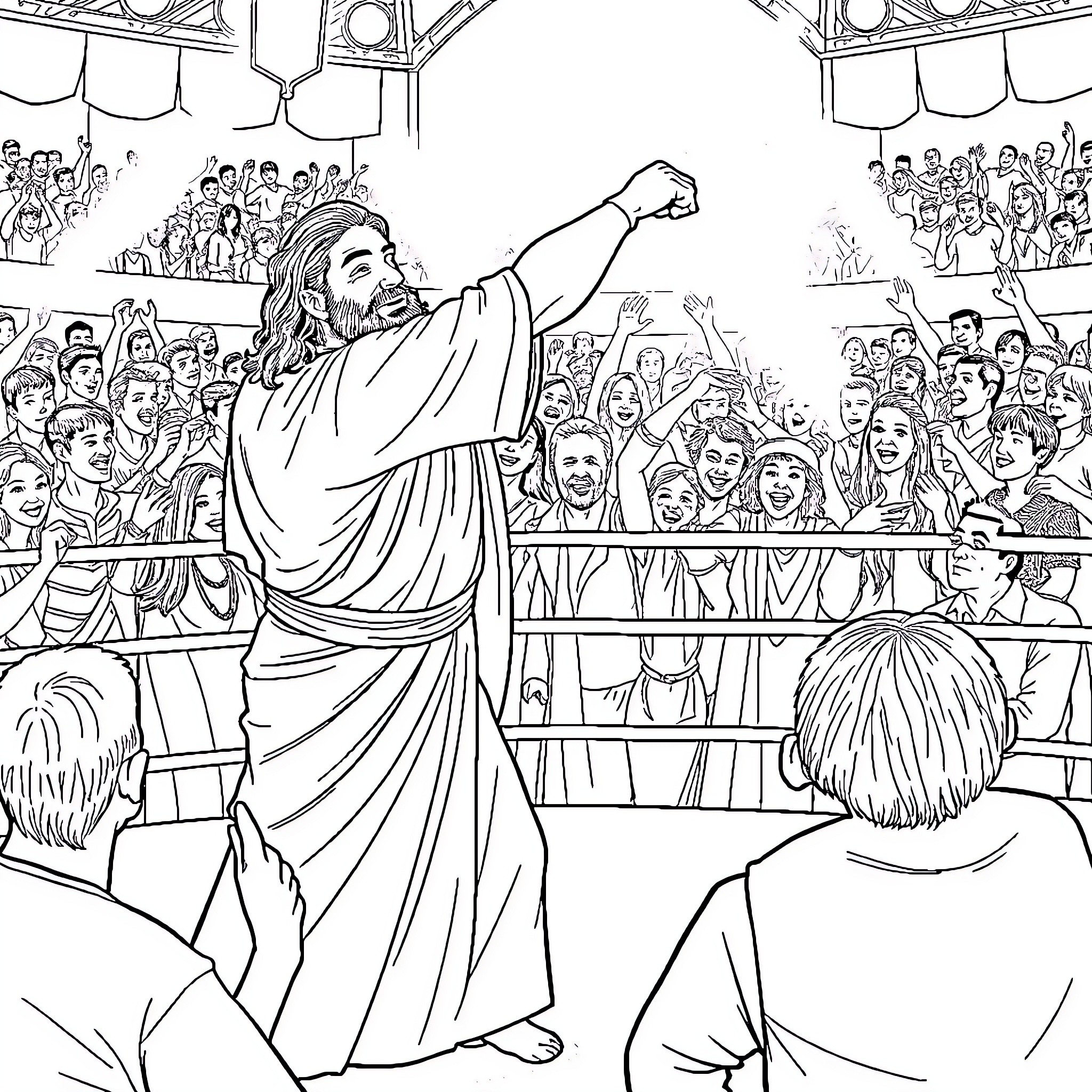 Yeshua preaching to an enthusiastic crowd Coloring Page (free black-and-white line drawing printable PDF for all, from beginners to advanced learners, including children, teens, adults, and seniors)