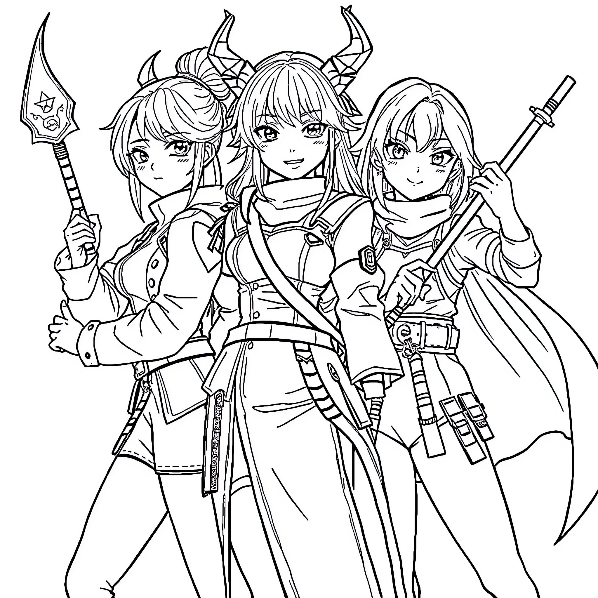 Demon Hunter Squad Wielding Fierce Weapons Coloring Page (free black-and-white line drawing printable PDF for all, from beginners to advanced learners, including children, teens, adults, and seniors)
