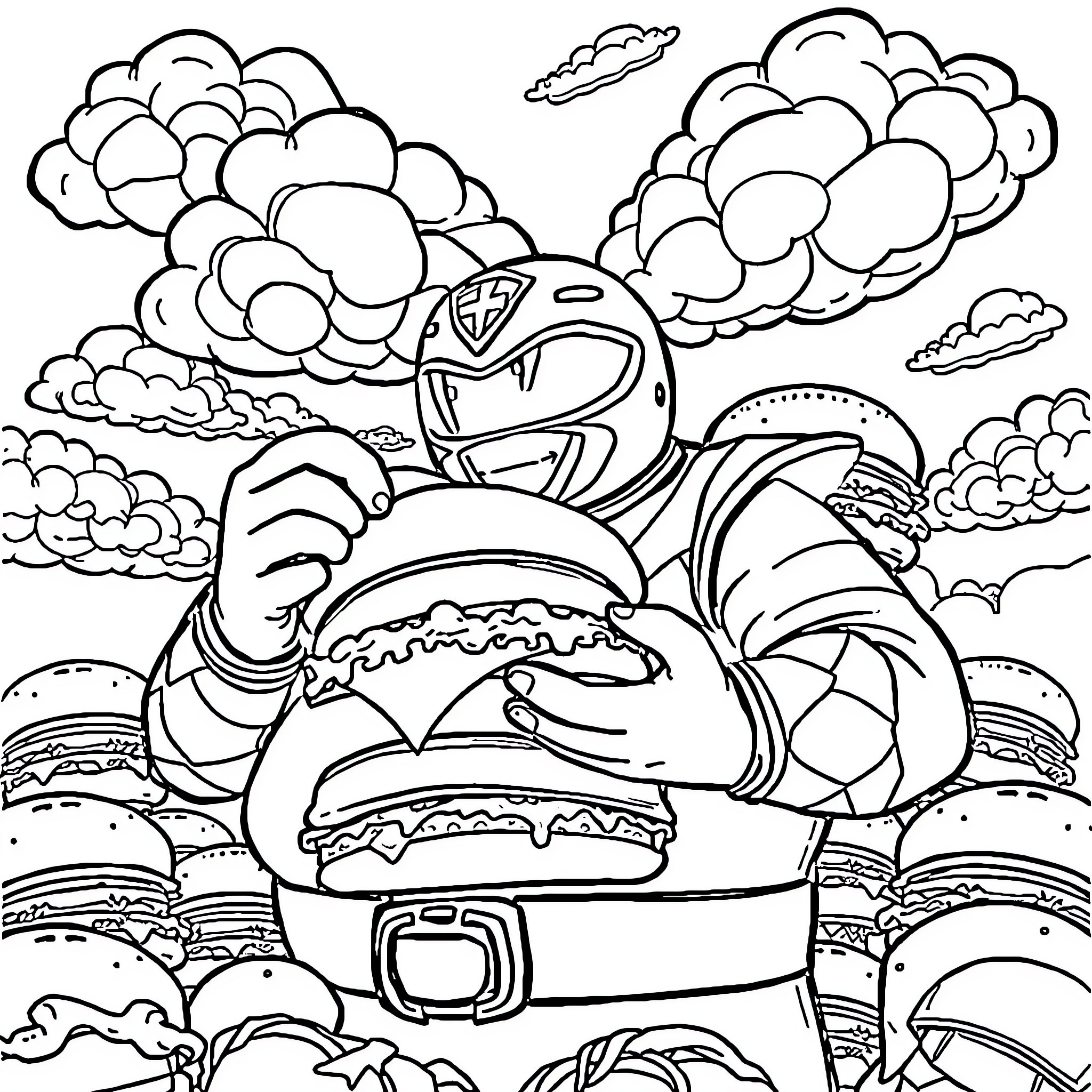Power Ranger battles gigantic burgers in cloudy landscape Coloring Page (free black-and-white line drawing printable PDF for all, from beginners to advanced learners, including children, teens, adults, and seniors)