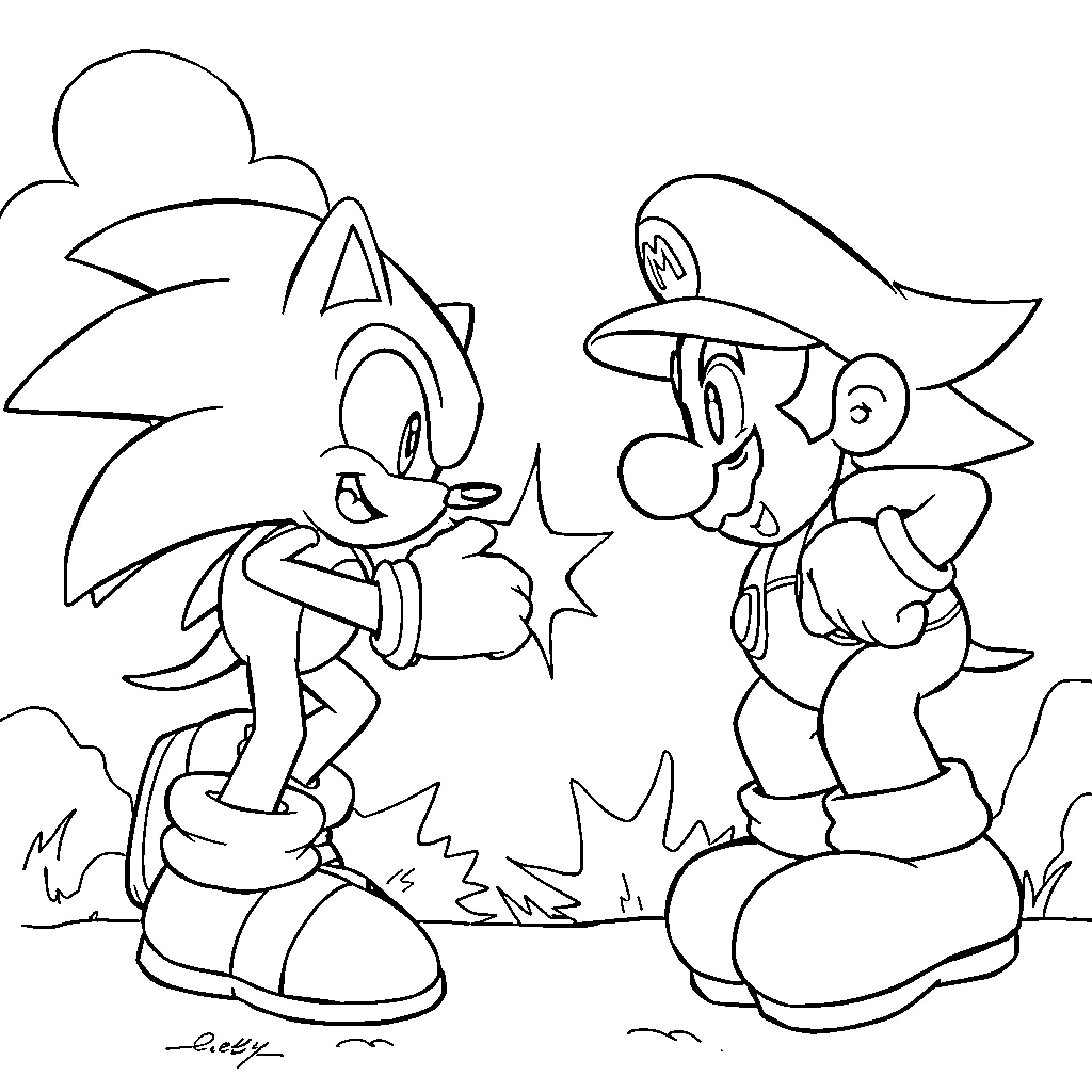 Sonic and Mario in animated adventure scene Coloring Page (free black-and-white line drawing printable PDF for all, from beginners to advanced learners, including children, teens, adults, and seniors)