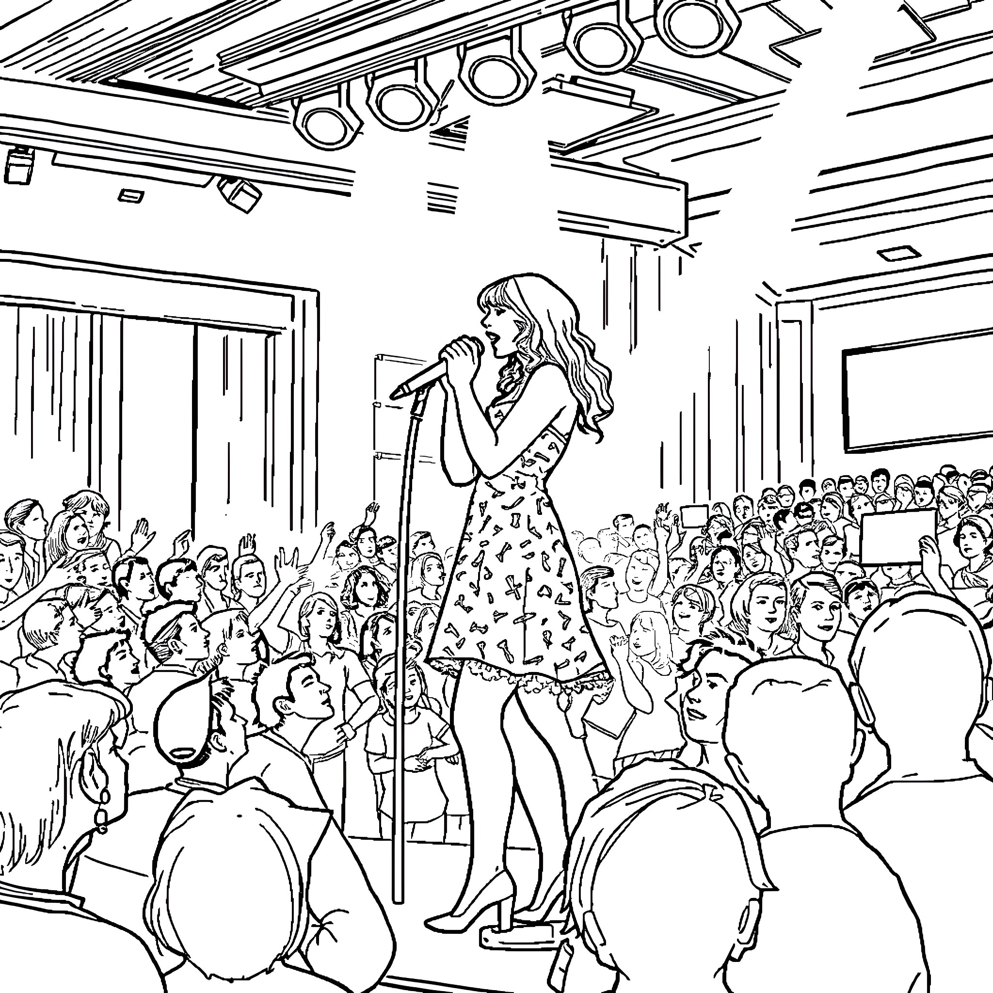 Taylor Swift Performing on Stage in Front of Crowd Coloring Page (free black-and-white line drawing printable PDF for all, from beginners to advanced learners, including children, teens, adults, and seniors)