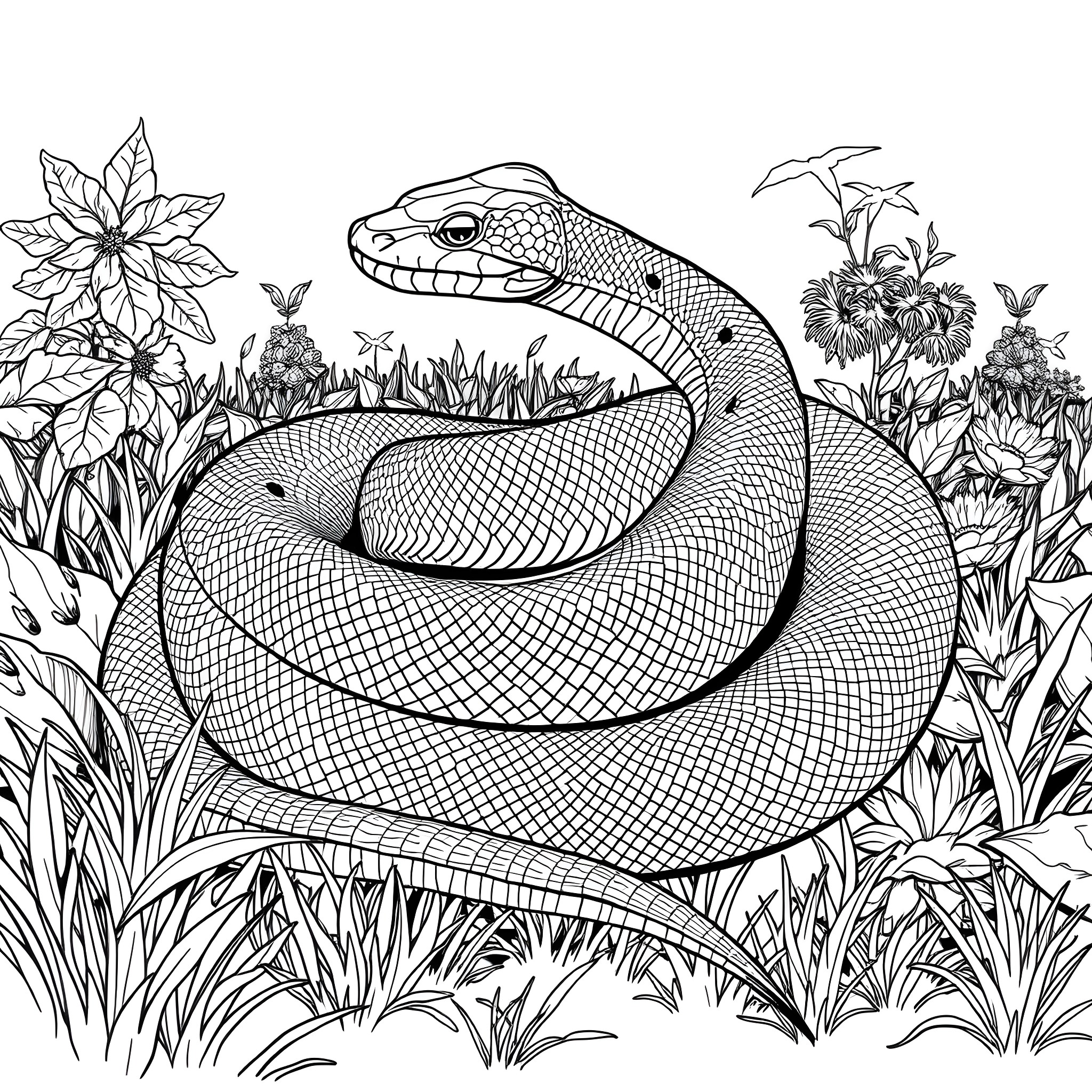 Dendroaspis Angusticeps slithering through lush foliage Coloring Page (free black-and-white line drawing printable PDF for all, from beginners to advanced learners, including children, teens, adults, and seniors)