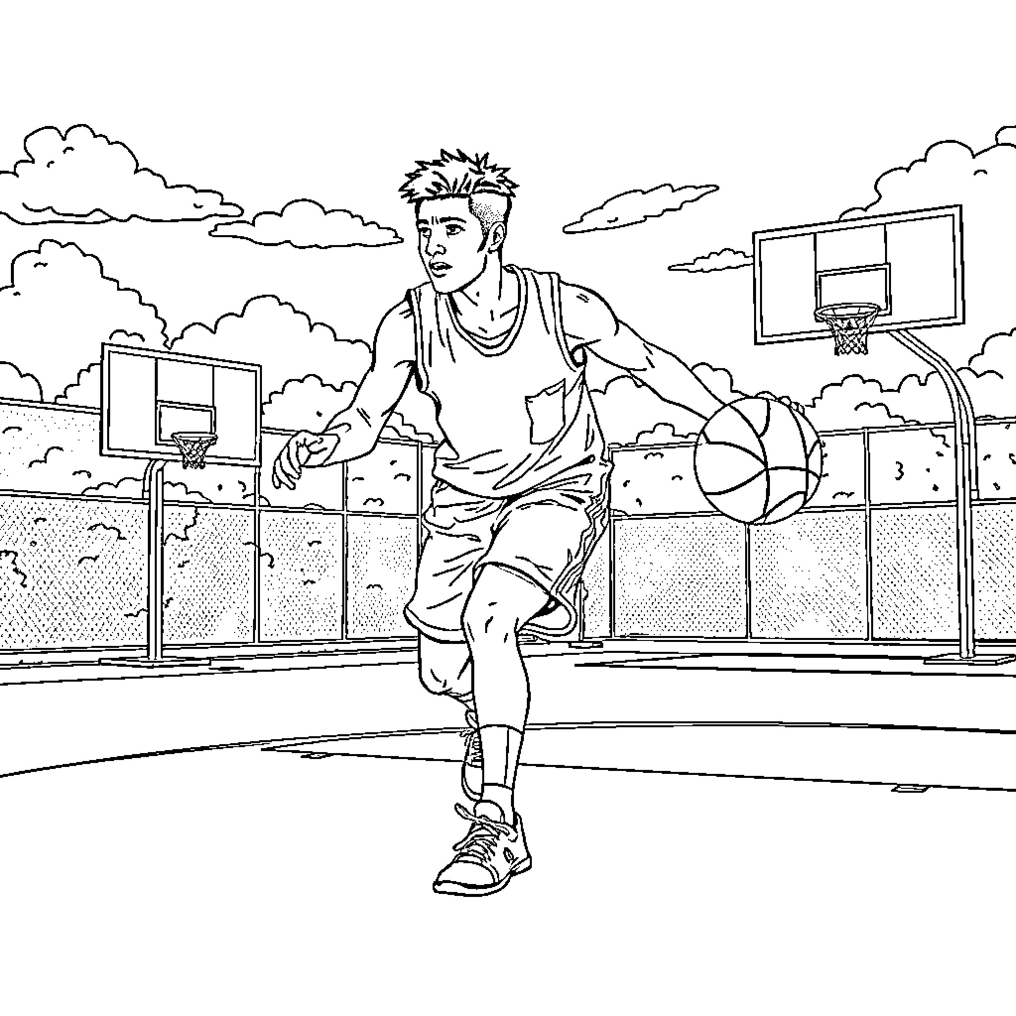 Cortis Keonho playing basketball on the court Coloring Page (free black-and-white line drawing printable PDF for all, from beginners to advanced learners, including children, teens, adults, and seniors)