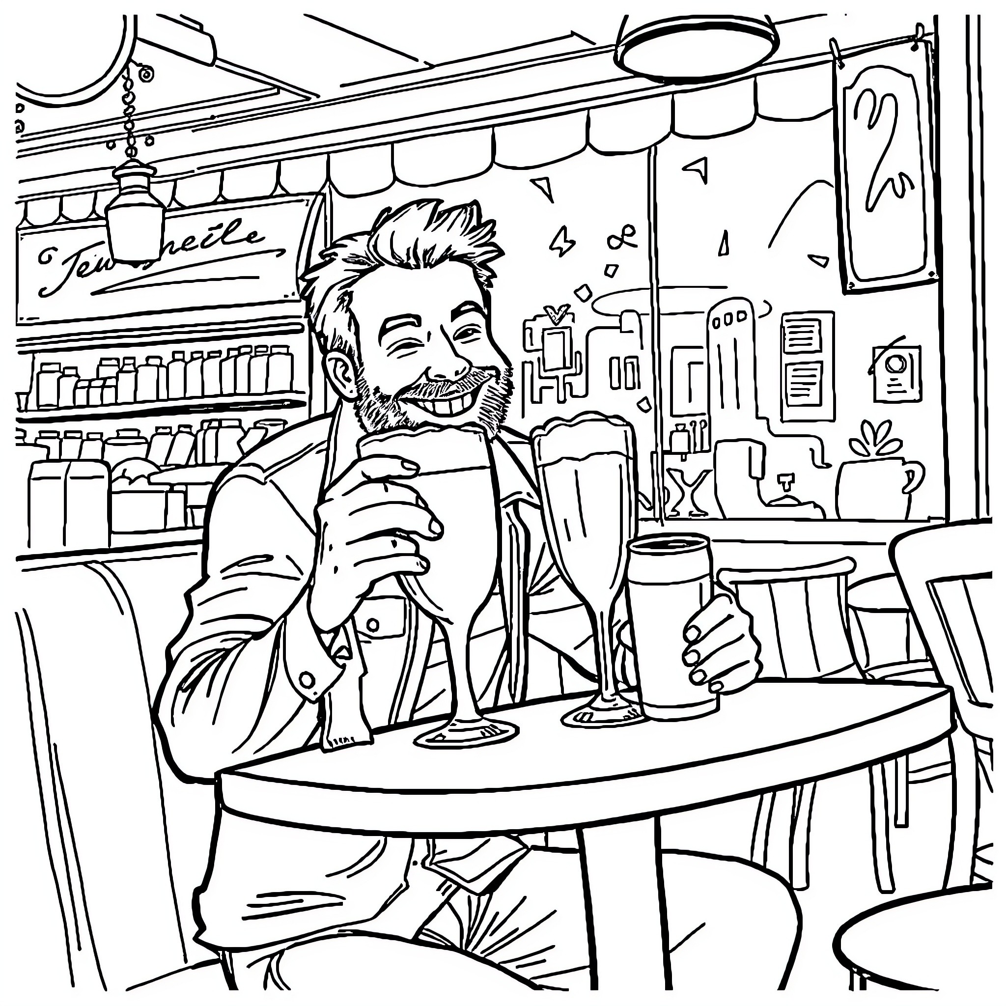 Guy enjoying a drink at a cozy cafe Coloring Page (free black-and-white line drawing printable PDF for all, from beginners to advanced learners, including children, teens, adults, and seniors)