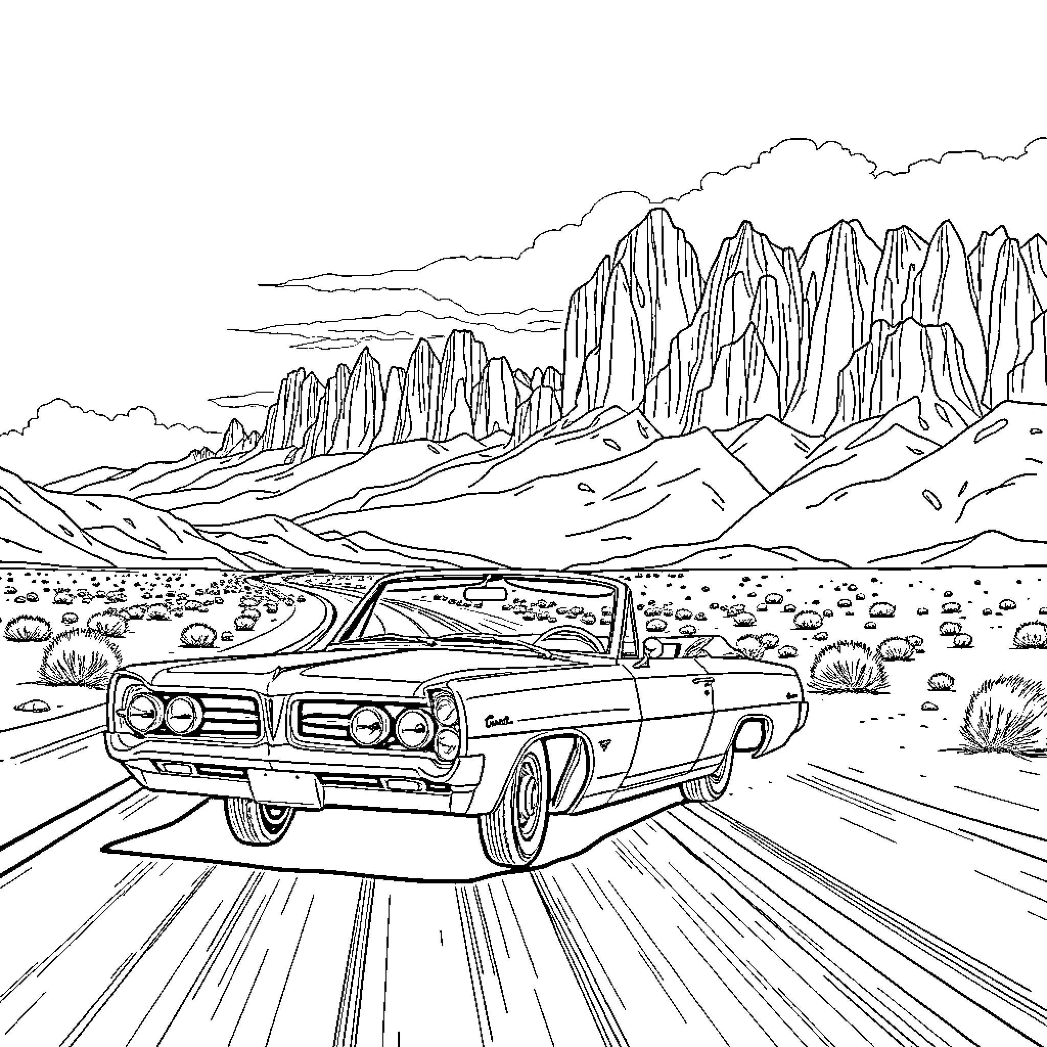 Pontiac Cruising Through Rugged Landscape Coloring Page (free black-and-white line drawing printable PDF for all, from beginners to advanced learners, including children, teens, adults, and seniors)