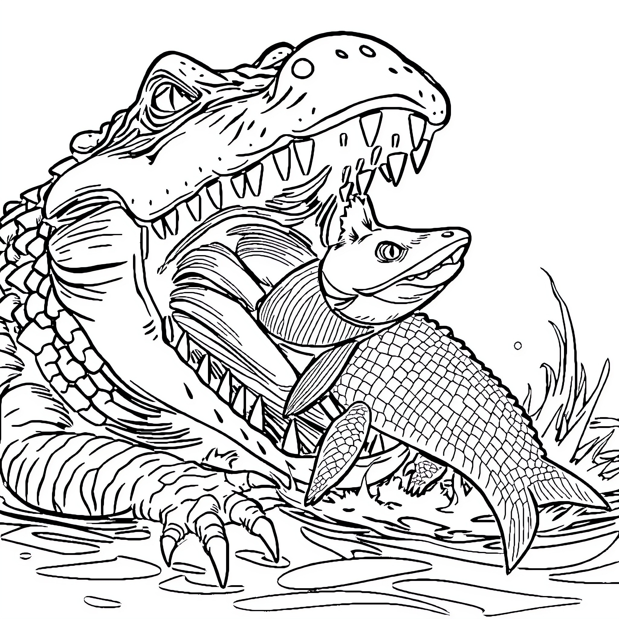 Alligator ferociously chasing a fish in the water Coloring Page (free black-and-white line drawing printable PDF for all, from beginners to advanced learners, including children, teens, adults, and seniors)