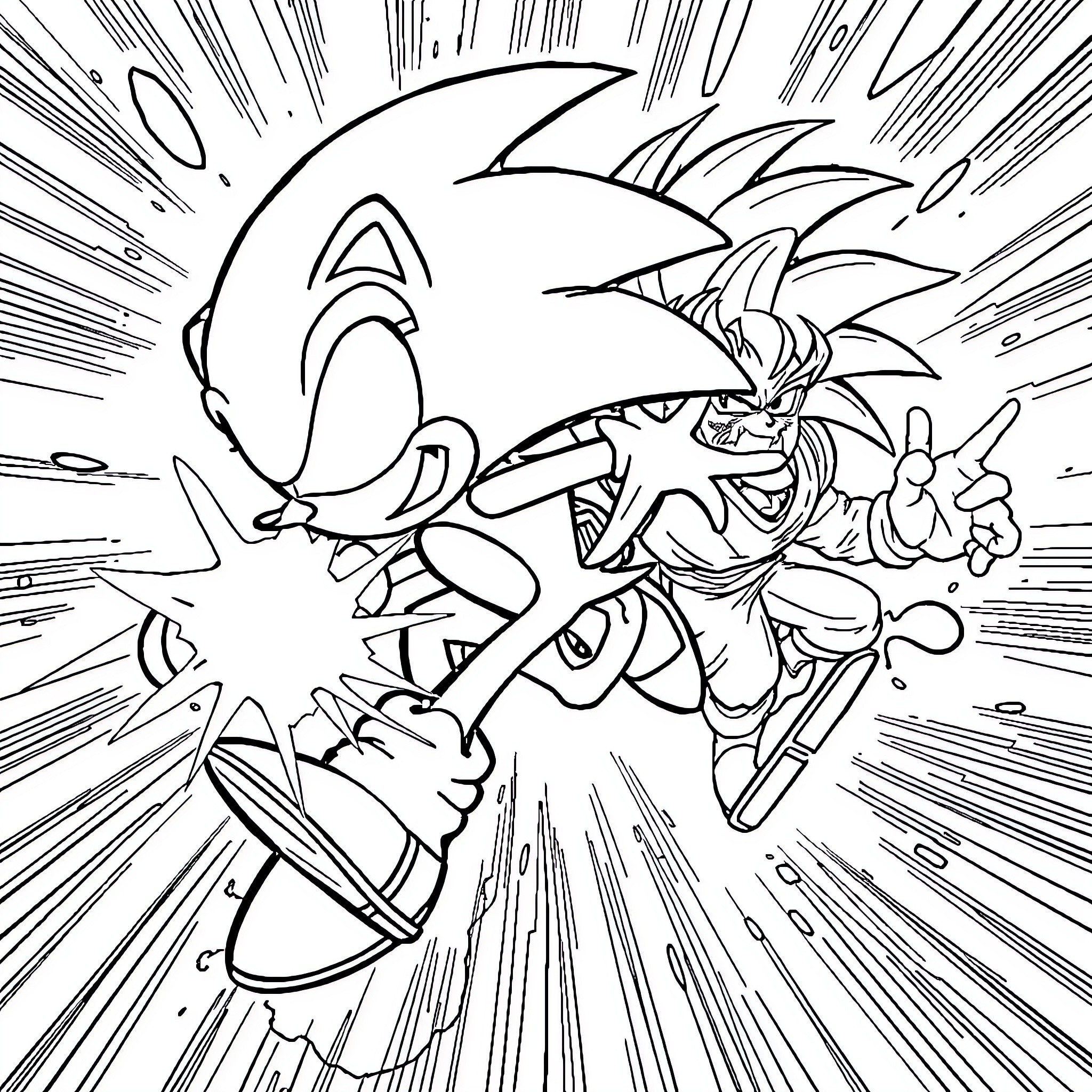 Sonic's Explosive Acceleration Coloring Page (free black-and-white line drawing printable PDF for all, from beginners to advanced learners, including children, teens, adults, and seniors)
