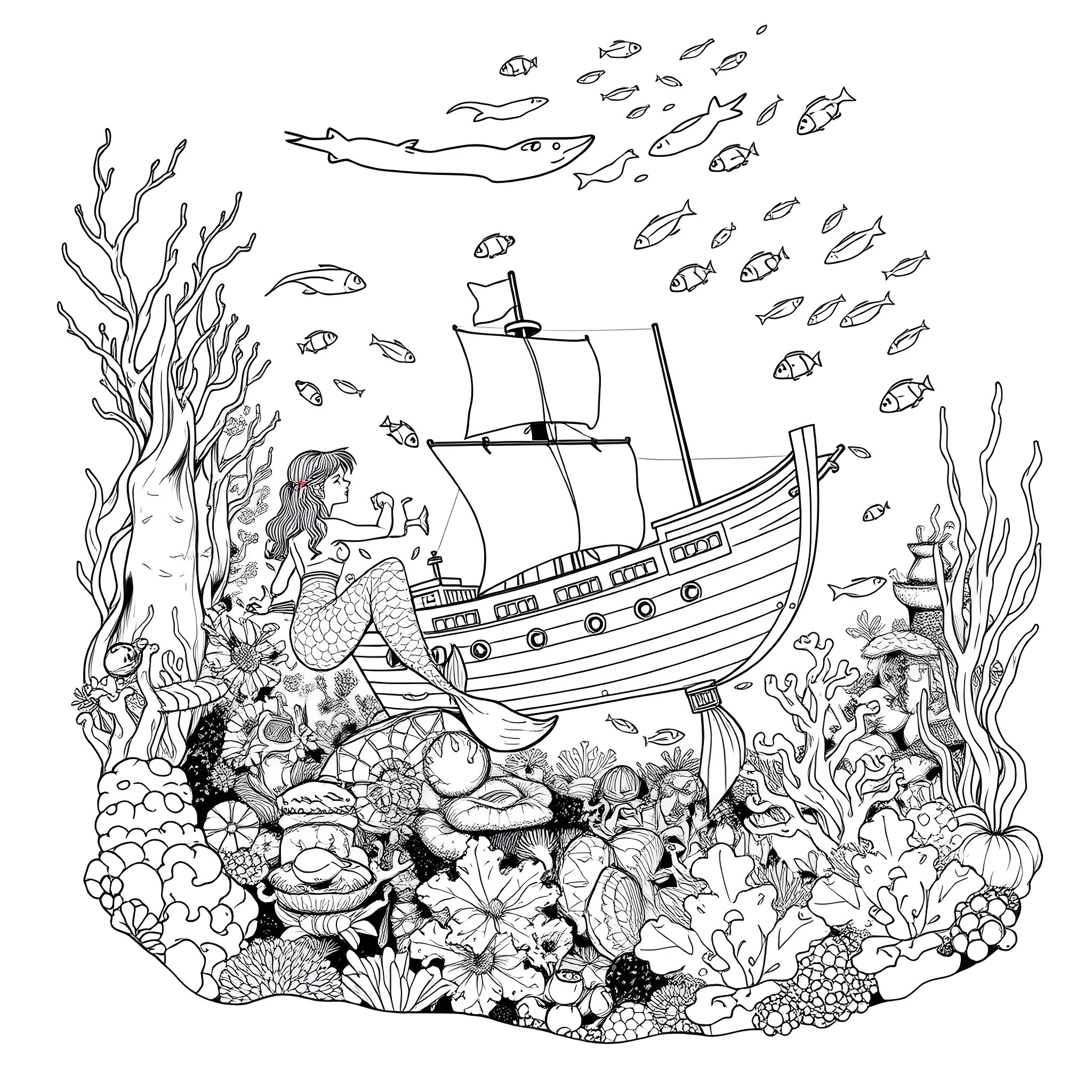 Mermaid relaxing on a ship surrounded by marine life Coloring Page (free black-and-white line drawing printable PDF for all, from beginners to advanced learners, including children, teens, adults, and seniors)