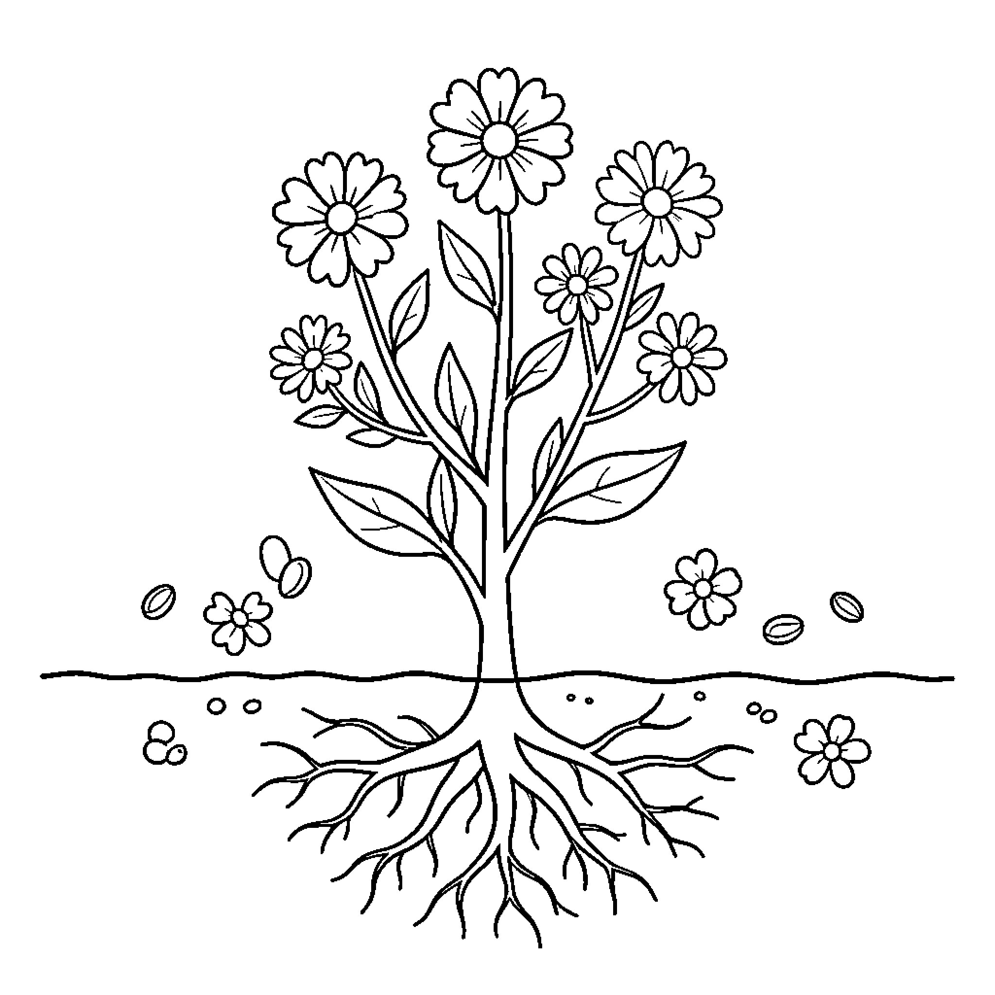 Plant with Blooming Flowers and Roots Coloring Page (free black-and-white line drawing printable PDF for all, from beginners to advanced learners, including children, teens, adults, and seniors)