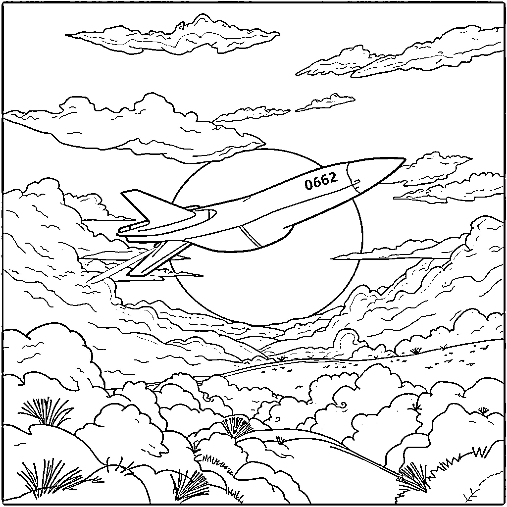 Thunderbird 2 soaring through the cloudy sky Coloring Page (free black-and-white line drawing printable PDF for all, from beginners to advanced learners, including children, teens, adults, and seniors)