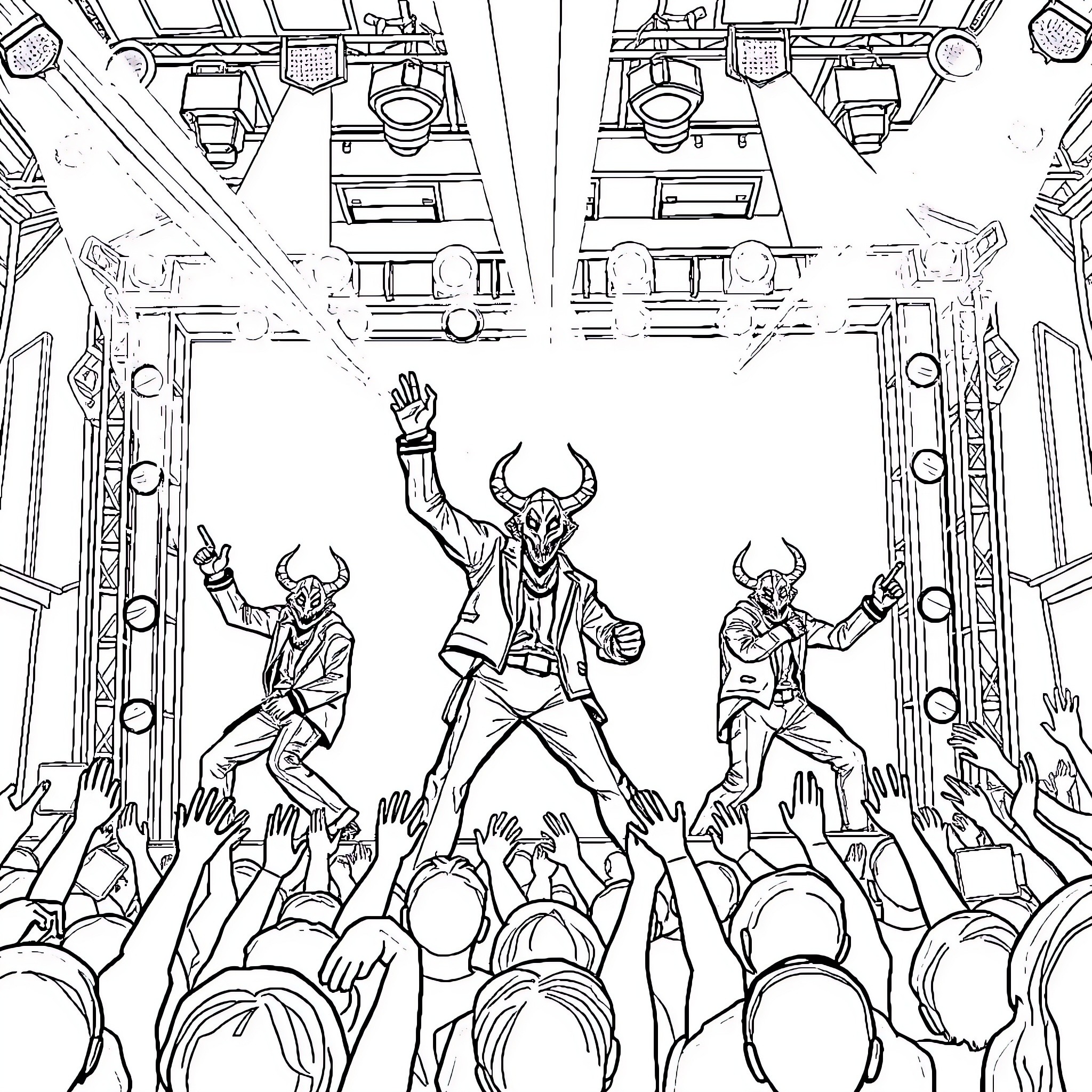 Kpop Demon Hunters Rocking the Stage Coloring Page (free black-and-white line drawing printable PDF for all, from beginners to advanced learners, including children, teens, adults, and seniors)