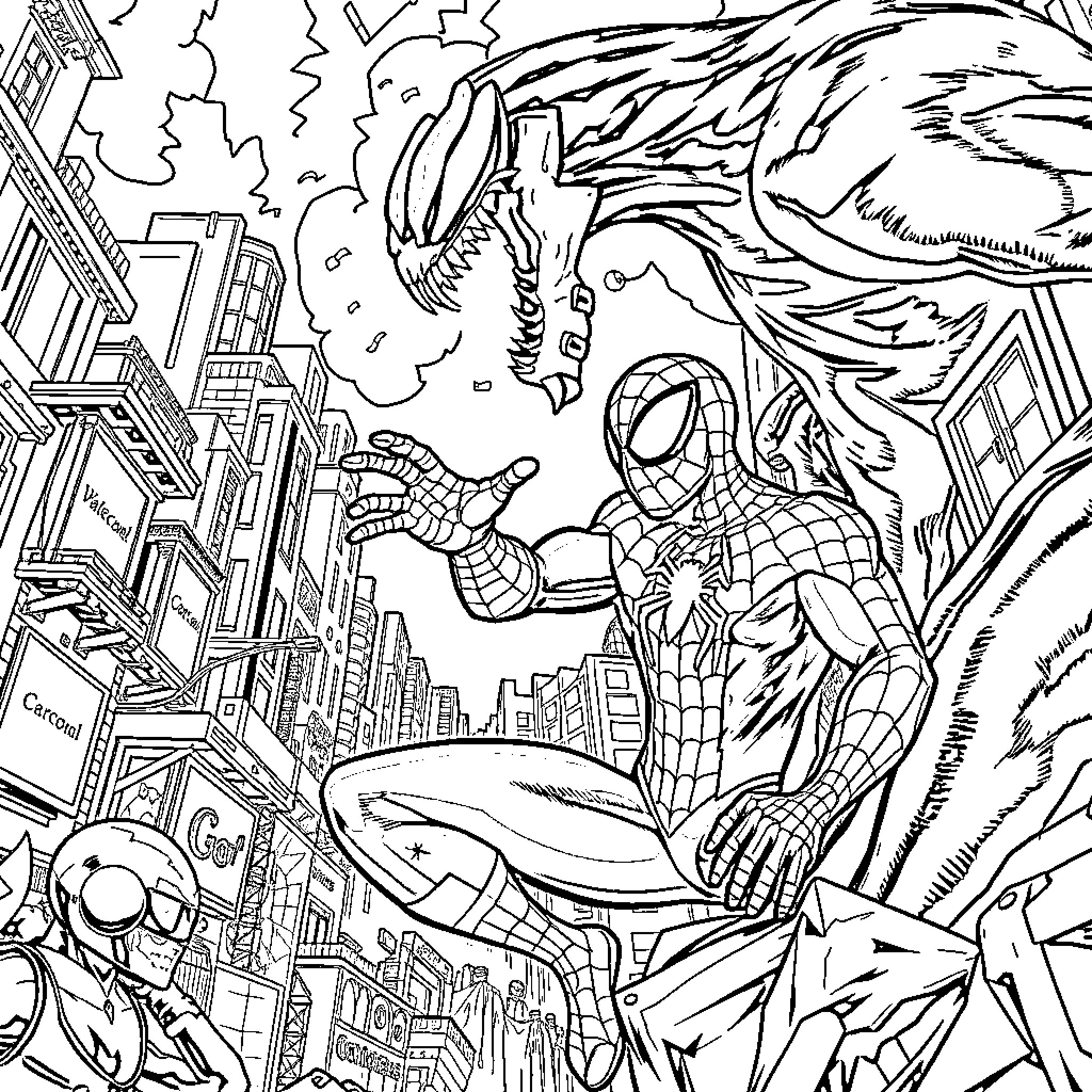 Spiderman confronting a fearsome creature in the city Coloring Page (free black-and-white line drawing printable PDF for all, from beginners to advanced learners, including children, teens, adults, and seniors)