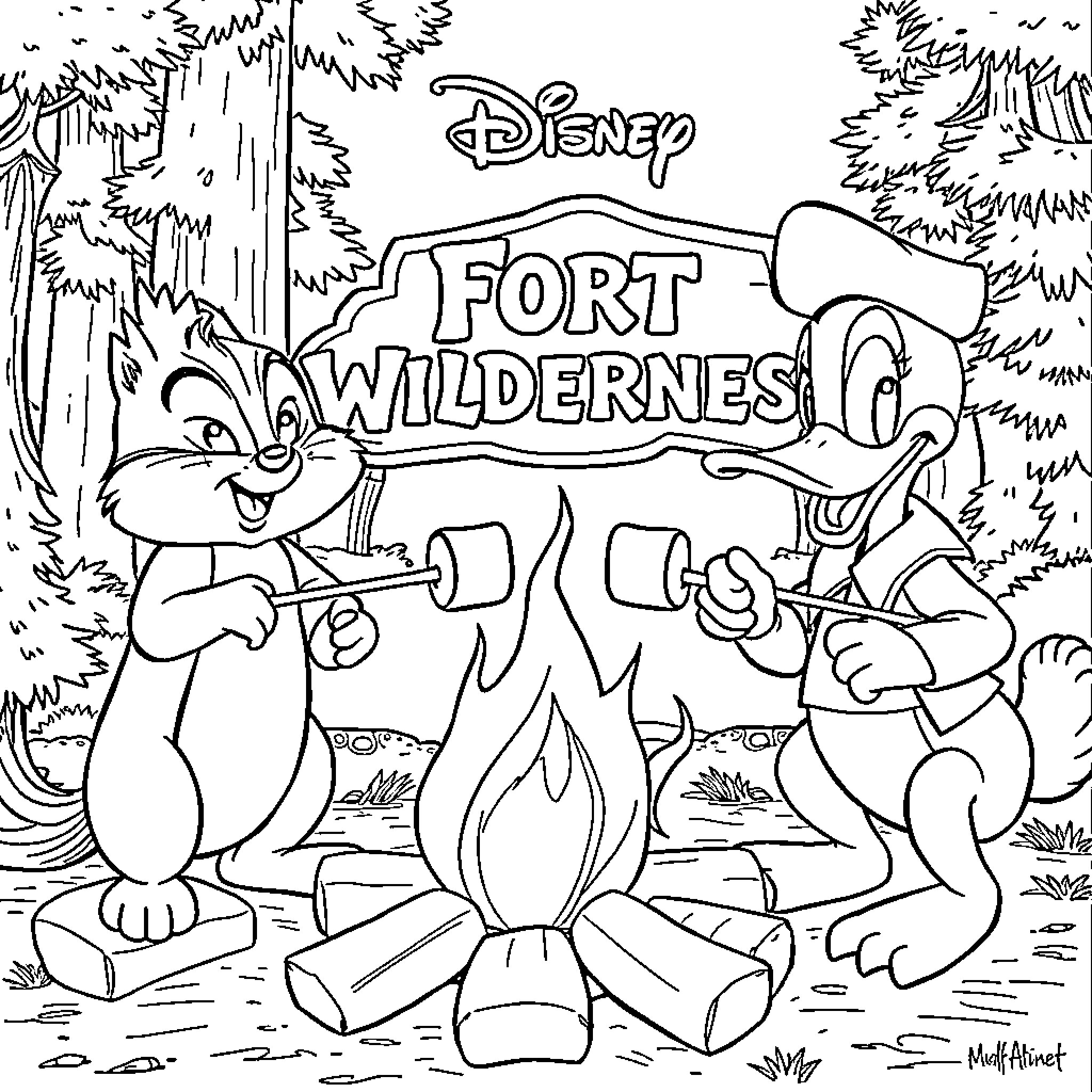 Chip's Adventurous Escapades at Fort Wilderness Coloring Page (free black-and-white line drawing printable PDF for all, from beginners to advanced learners, including children, teens, adults, and seniors)