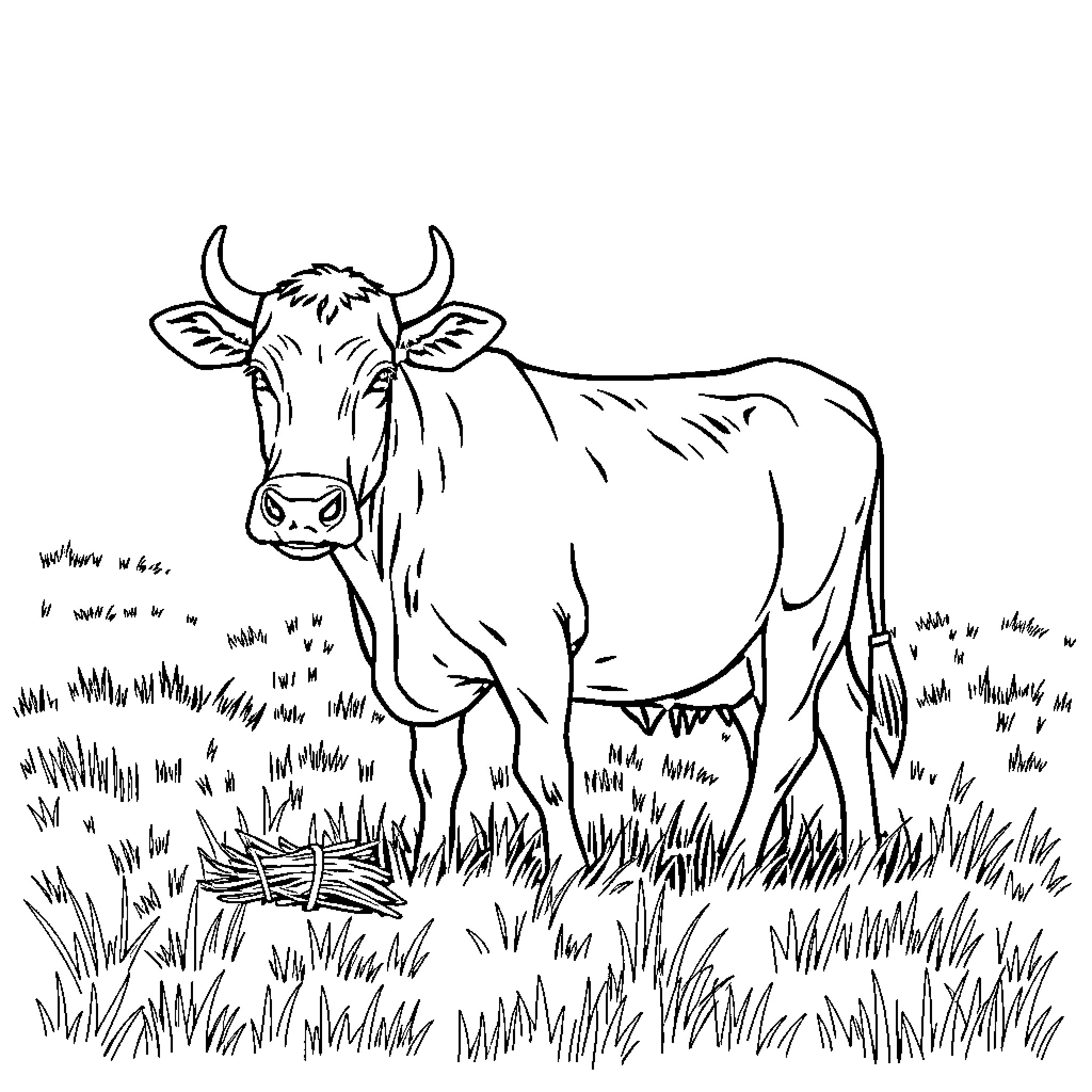 Cow standing in grassy field Coloring Page (free black-and-white line drawing printable PDF for all, from beginners to advanced learners, including children, teens, adults, and seniors)