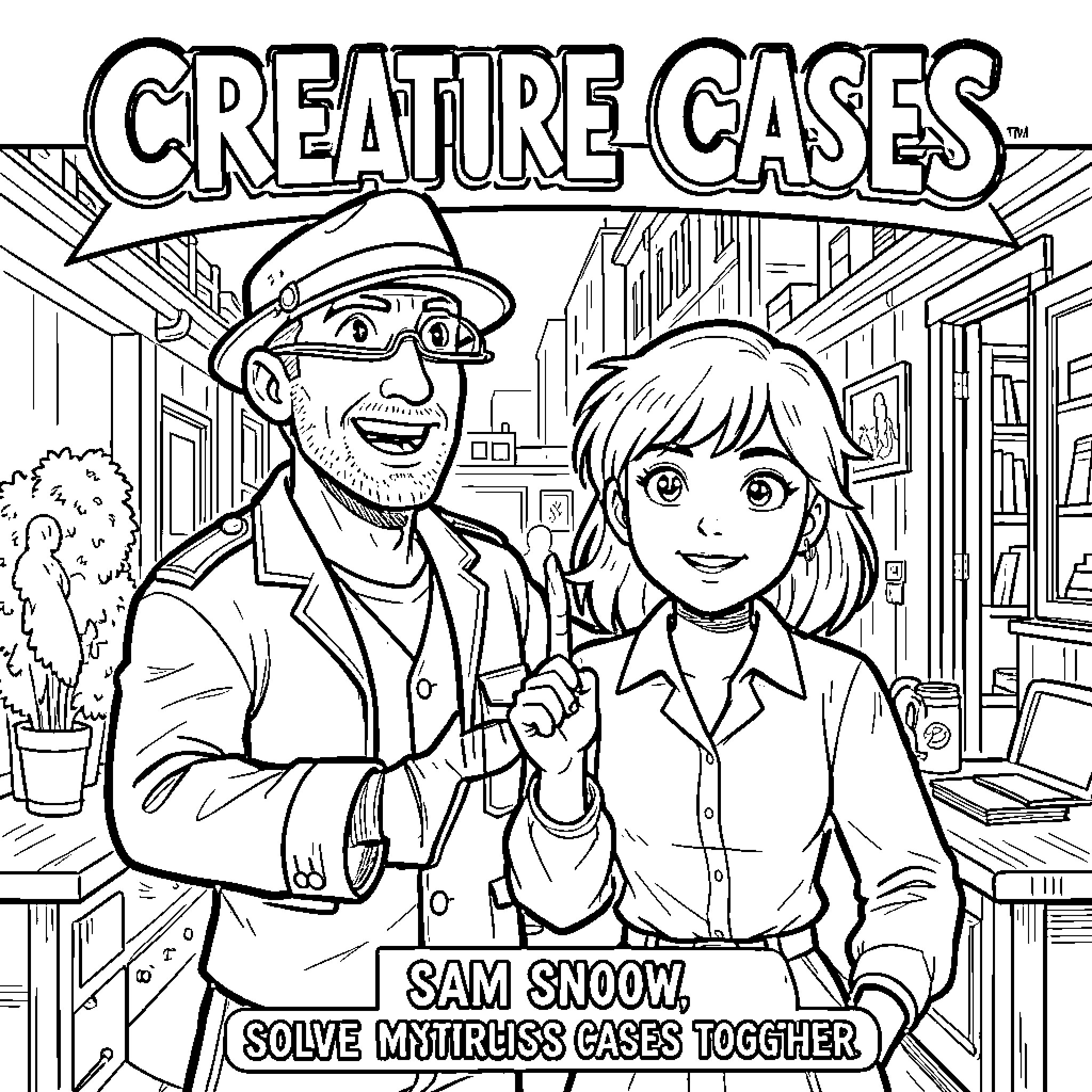 Creature investigators standing together in a city setting Coloring Page (free black-and-white line drawing printable PDF for all, from beginners to advanced learners, including children, teens, adults, and seniors)